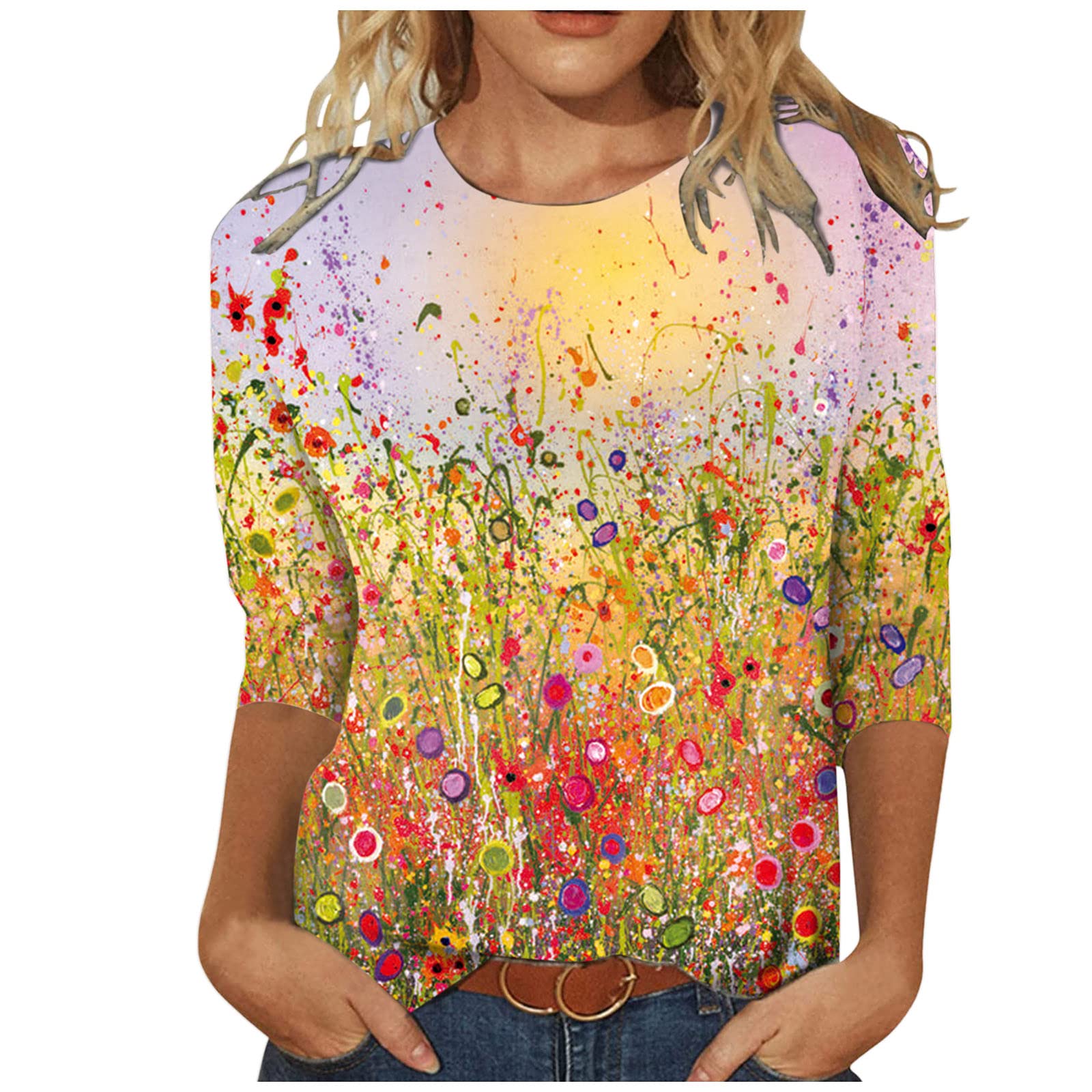 Women's 3/4 Sleeve Boat Neck Floral Print T-Shirt - Loose Fit Casual Plus Size Tops for Going Out & Leisure Wear | Perfect for Brunch, Shopping & Weekend Outings