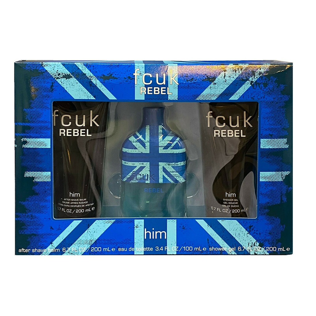 FCUK Rebel Him Men's Gift Set - 100ML EDT Spray, 200ML After Shave Balm & 200ML Shower Gel - Perfect for Gifts, Birthdays & Special Occasions