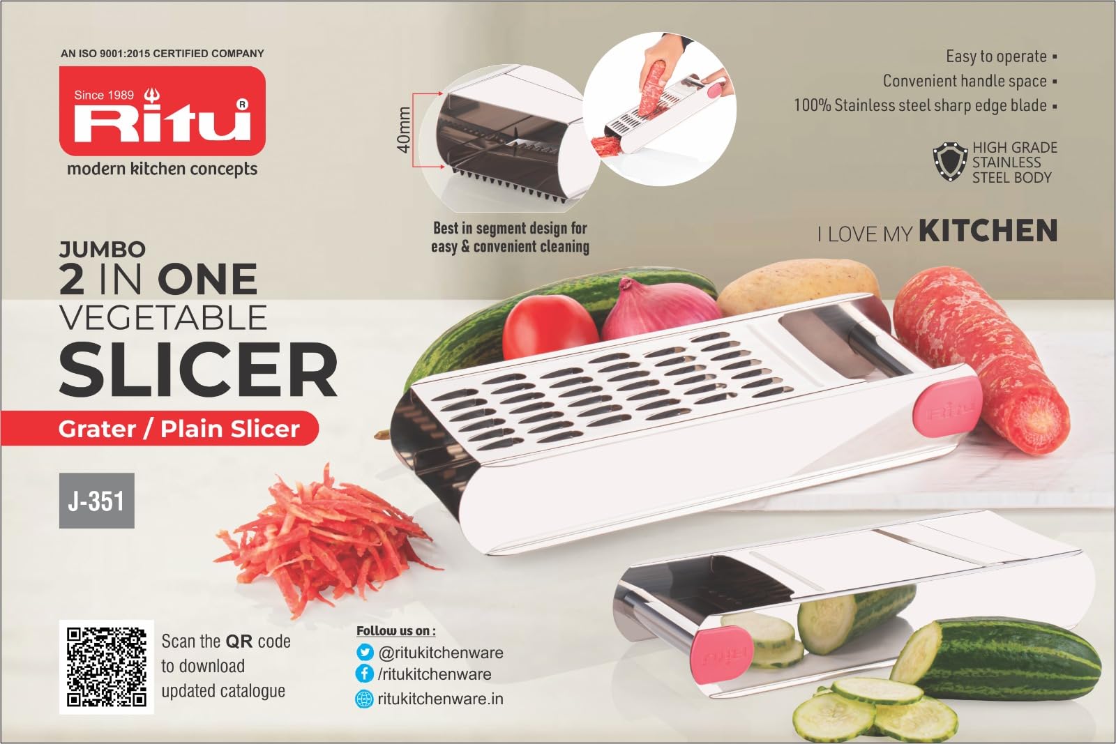Ritu J-351 Jumbo Slicer - 2-in-1 Stainless Steel Vegetable & Potato Chip Wafer Slicer, Crusher Grater & Sharp Cutter for Snack Making - Multipurpose Kitchen Tool (Silver) - Perfect for Homemade Chips, Salad Prep & Party Snacks