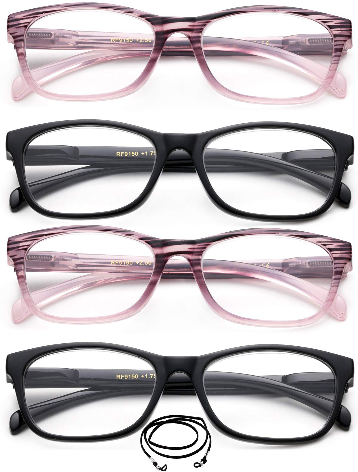 Women's Fashion Reading Glasses 4-Pack - Pink & Black Rectangular Frames with Spring Hinge & Lanyard (1.0 Magnification) | Perfect for Reading, Office Work, and Everyday Use