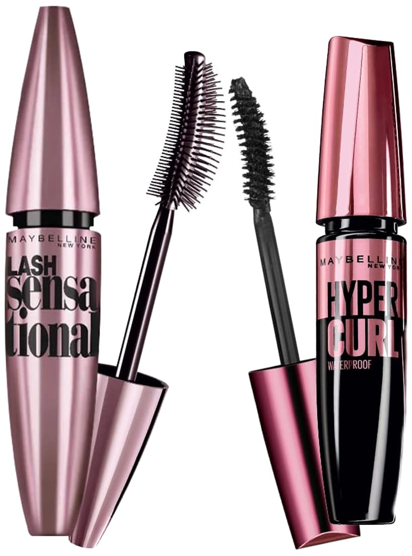 Maybelline New York Hypercurl Waterproof Mascara & Lash Sensational Waterproof Mascara - Black (9.2ml & 10ml) - Volumizing, Lengthening for All-Day Wear - Perfect for Weddings, Swimming & Special Occasions