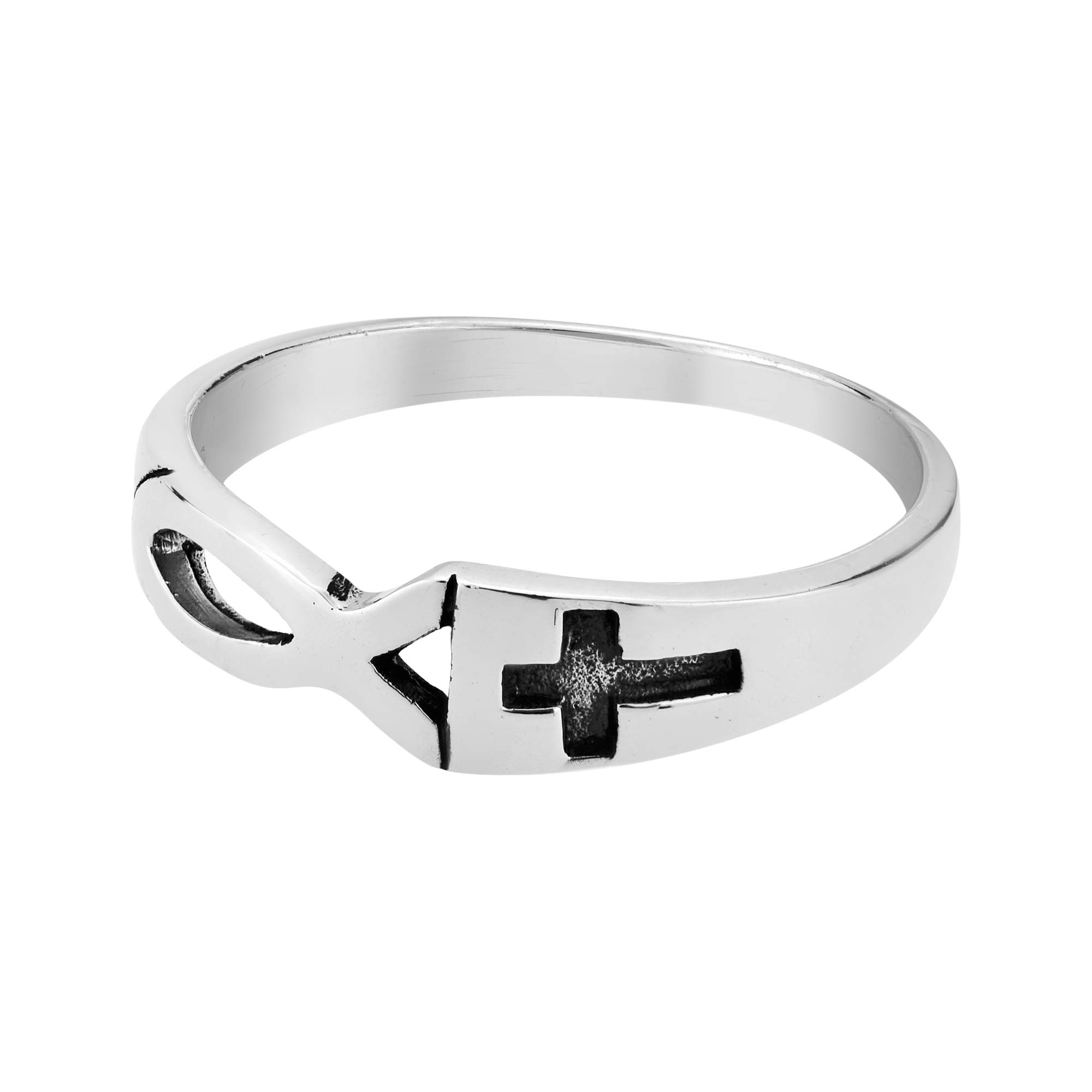 AeraVida Christian Fish & Cross .925 Sterling Silver Ring for Women - Elegant Wedding, Promise, & Fashion Rings - Comfort Fit Sizes 5-12 - Perfect for Church, Daily Wear & Special Occasions