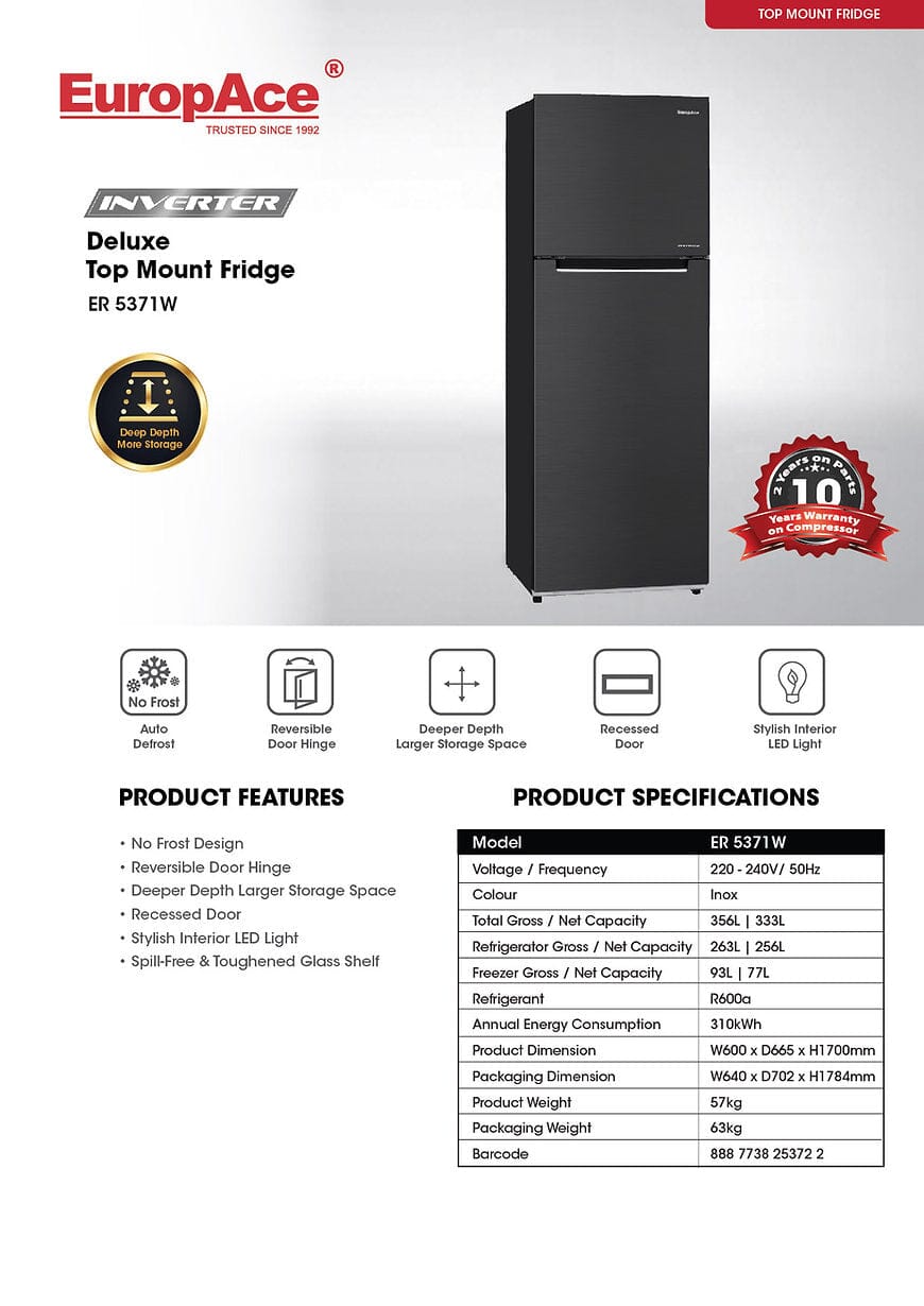 EuropAce ER5371W 333L Deluxe 2 Door Top Mount Refrigerator - Energy Efficient, Spacious Freezer & Fresh Food Storage - Perfect for Home, Office, or Dorm Use