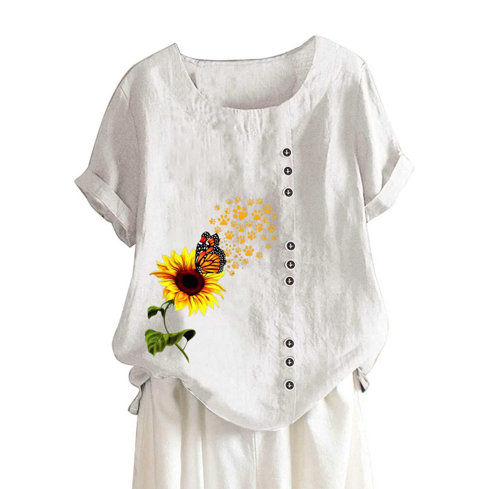 Women's Floral Printed Cotton Linen Short Sleeve Tunic Blouse - Summer Casual Loose Fit Crew Neck Top for Beach, Vacation & Everyday Wear