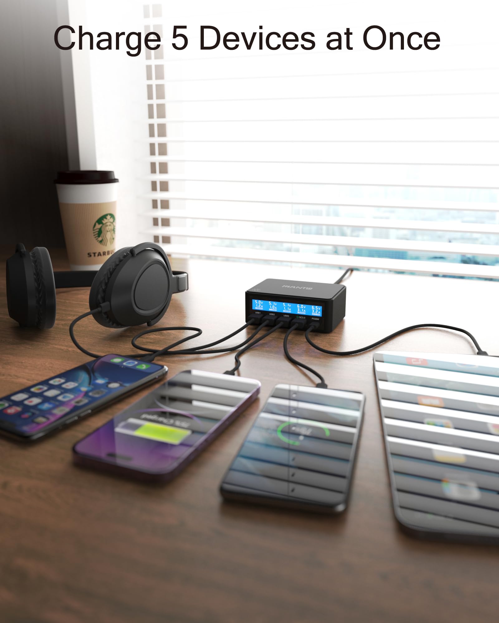 65W USB C Charger with LCD Display - 5 Port PD Fast Charging Station with 20W USB-C & QC 3.0 Ports - Compatible with iPhone 15/14/13, iPad Pro, Samsung Galaxy S23/S22, Xiaomi 13 - Perfect for Home, Office & Travel Charging Needs