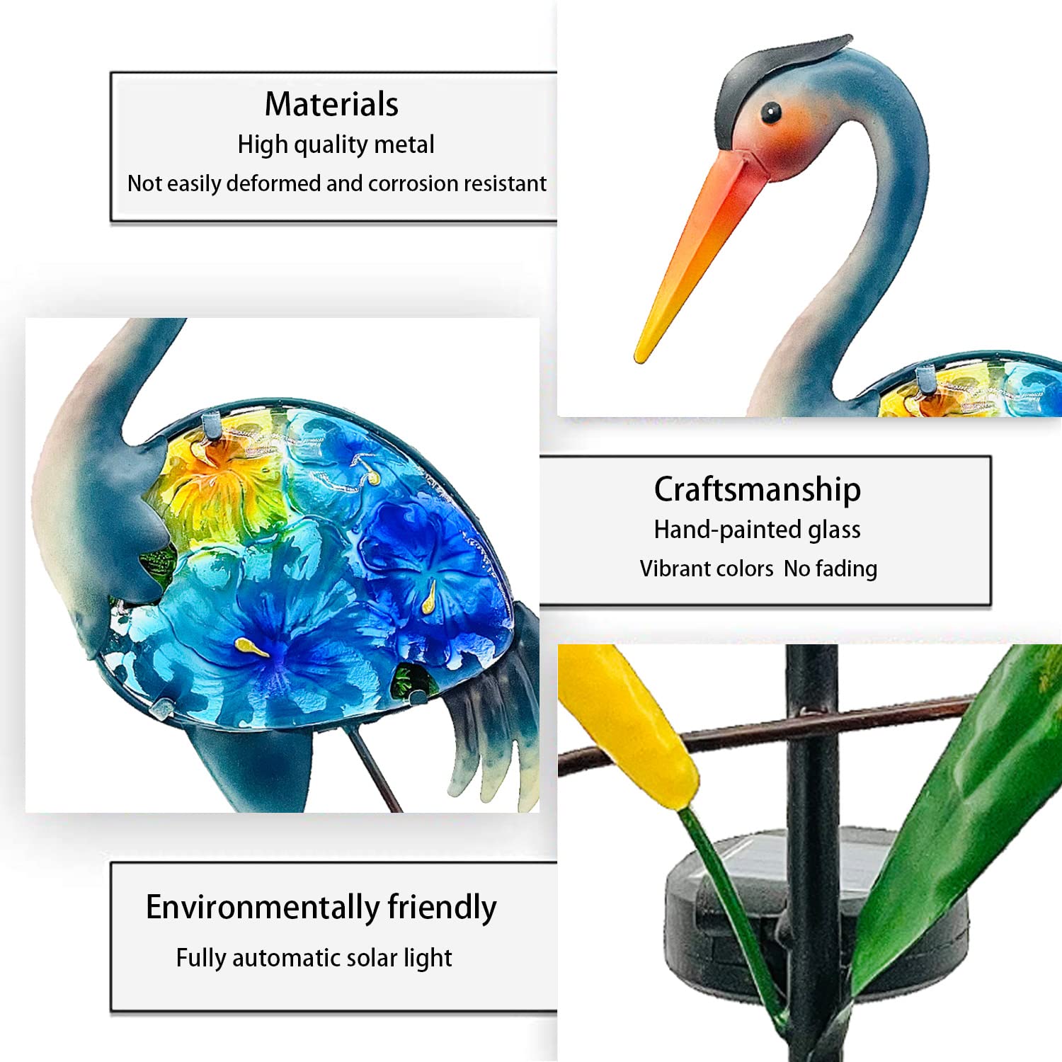 Heron Solar Garden Lights - Hand-Painted Glass Solar Stake Lights for Outdoor Decor | Solar-Powered Lawn Ornaments & Yard Art for Patio, Garden, Pathway, and Porch Lighting | Weather-Resistant Landscape Lighting for Nighttime Ambiance