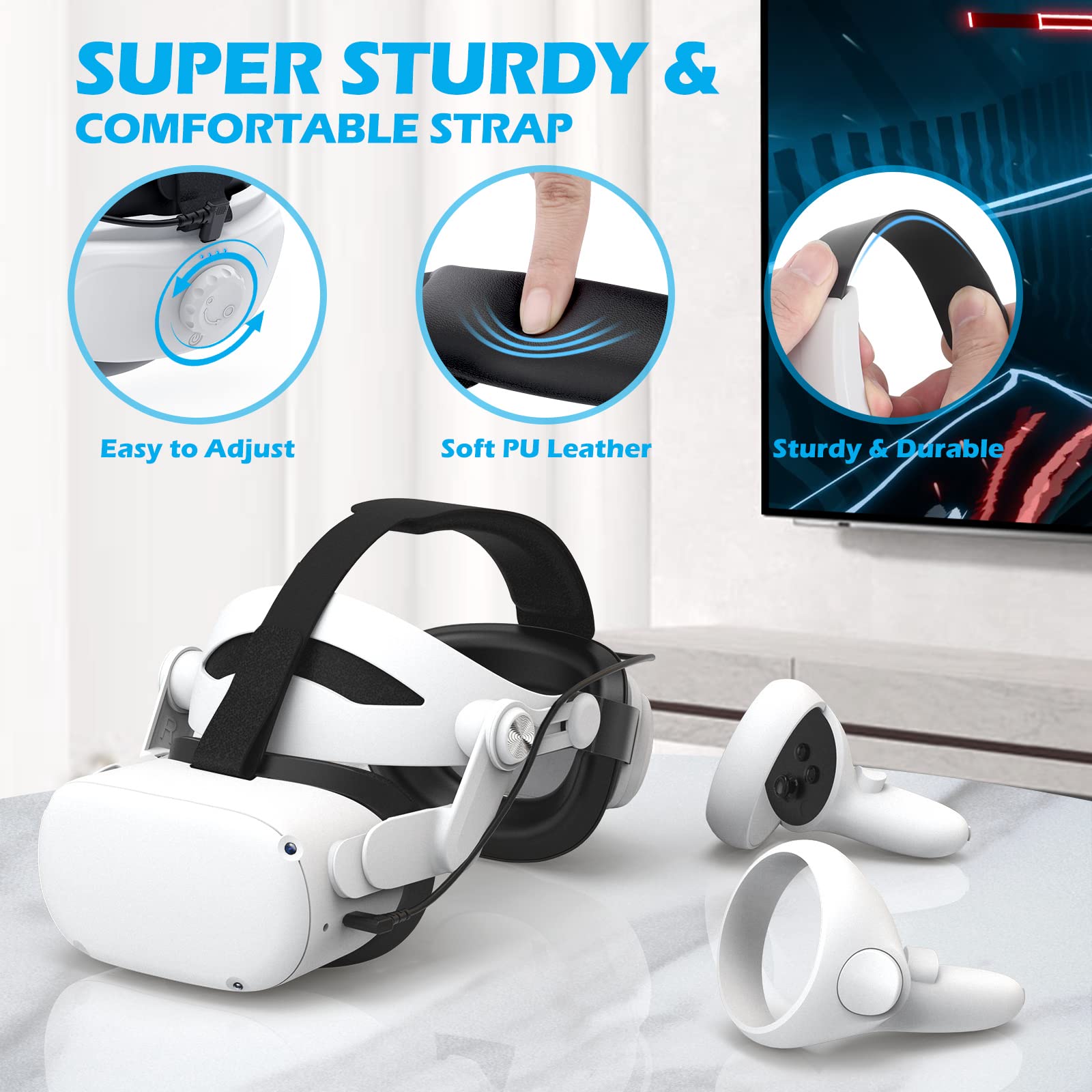 YOGES Rechargeable Battery Head Strap for Oculus Quest 2 - Adjustable VR Headset Accessory with Extended Playtime, Super Soft Foam & Skin-Friendly PU Leather (White) - Perfect for Long VR Gaming Sessions & Enhanced Comfort