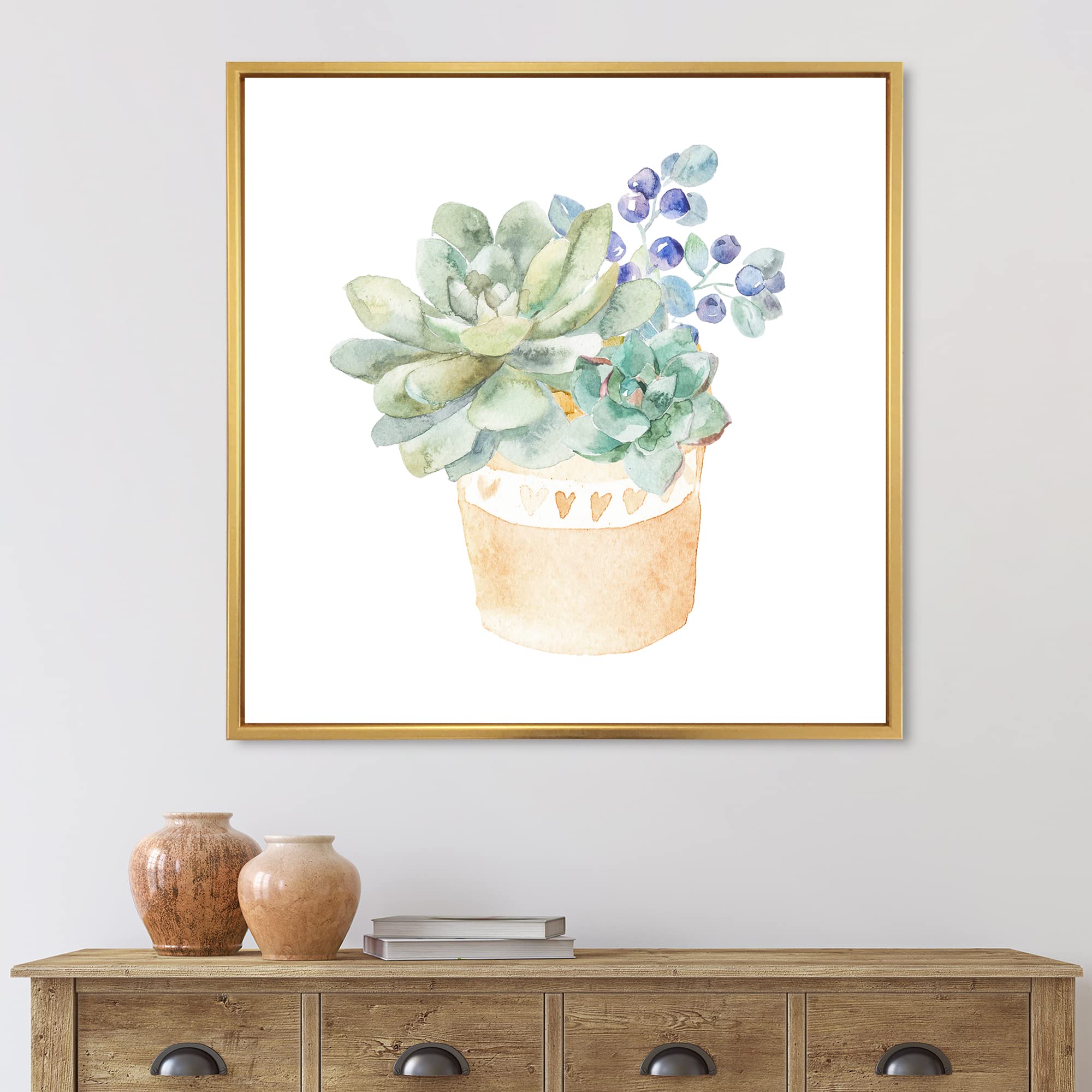 DesignQ Succulent Flower In Terracotta Pot II - Traditional Framed Canvas Wall Art Print | Home Decor for Living Room, Bedroom & Office | Perfect Housewarming Gift