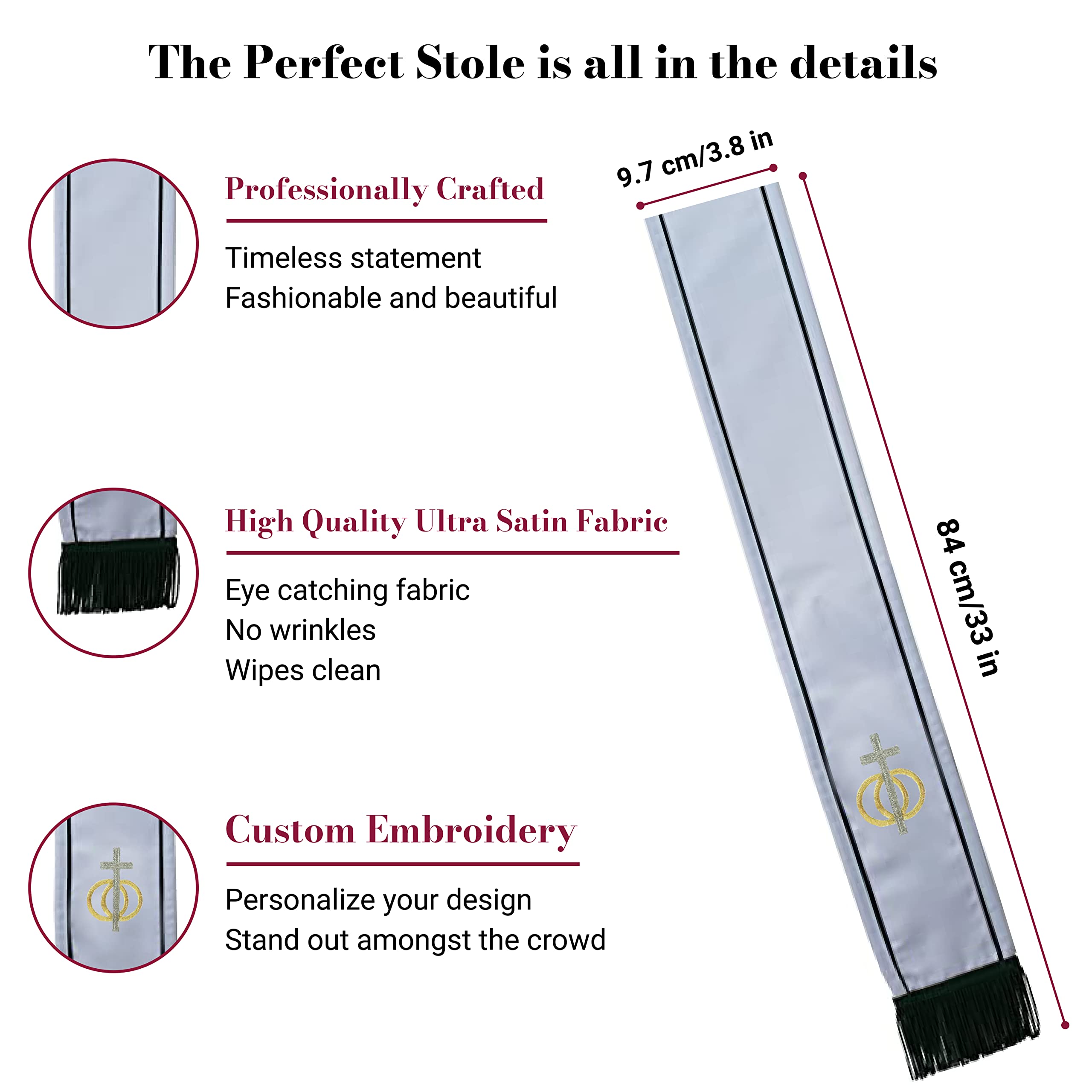 White Clergy Stole with Deluxe Satin Wedding Rings Unity Cross Symbol - 100% Polyester Pastor Sash for Ministers & Priests | 72