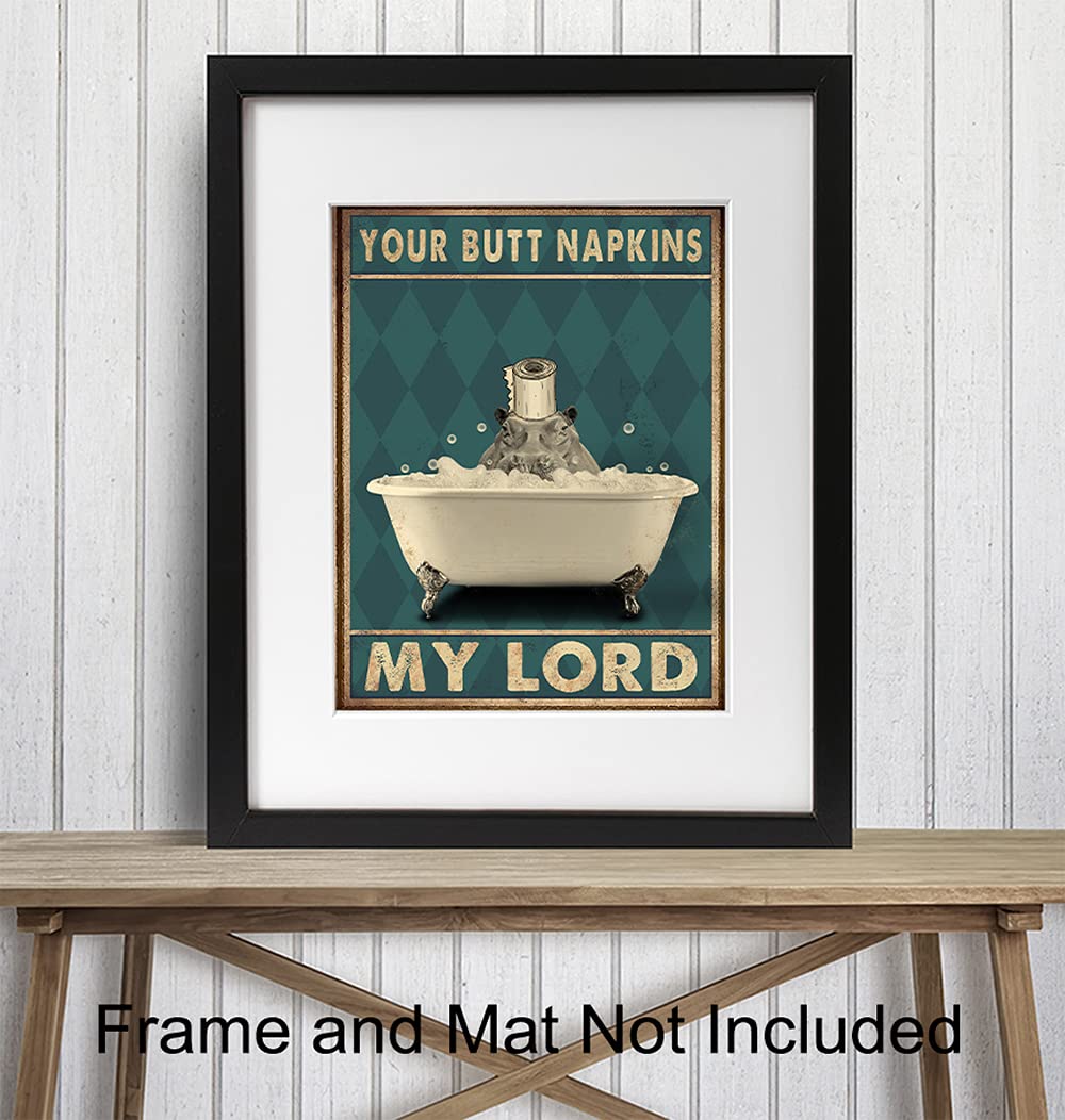 Funny Butt Napkins My Lord Bathroom Wall Art - Cute Modern Hippo Decor for Powder Room & Guest Bath - Unique Restroom Sign & Pictures - Perfect for Home, Office, or Gift