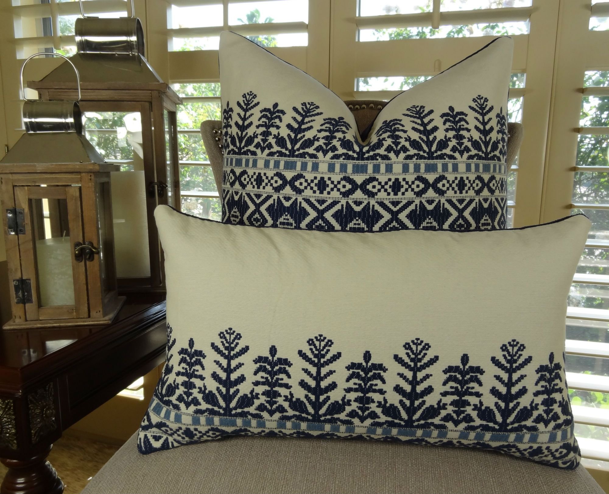 Aztec Navy Blue White Tribal Throw Pillow - Handmade Embroidered Decorative Cushion Cover - Boho Home Decor for Living Room, Bedroom, Sofa - Made in USA