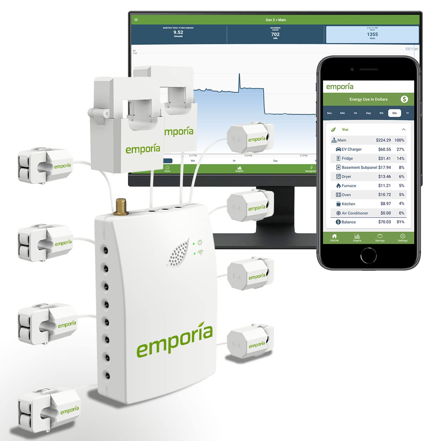 Smart Home Energy Monitor with 8 x 50A Circuit Sensors | Vue Real-Time Electricity Usage Tracker | Solar & Net Metering Compatible | Monitor Home & Solar Energy Consumption for Savings