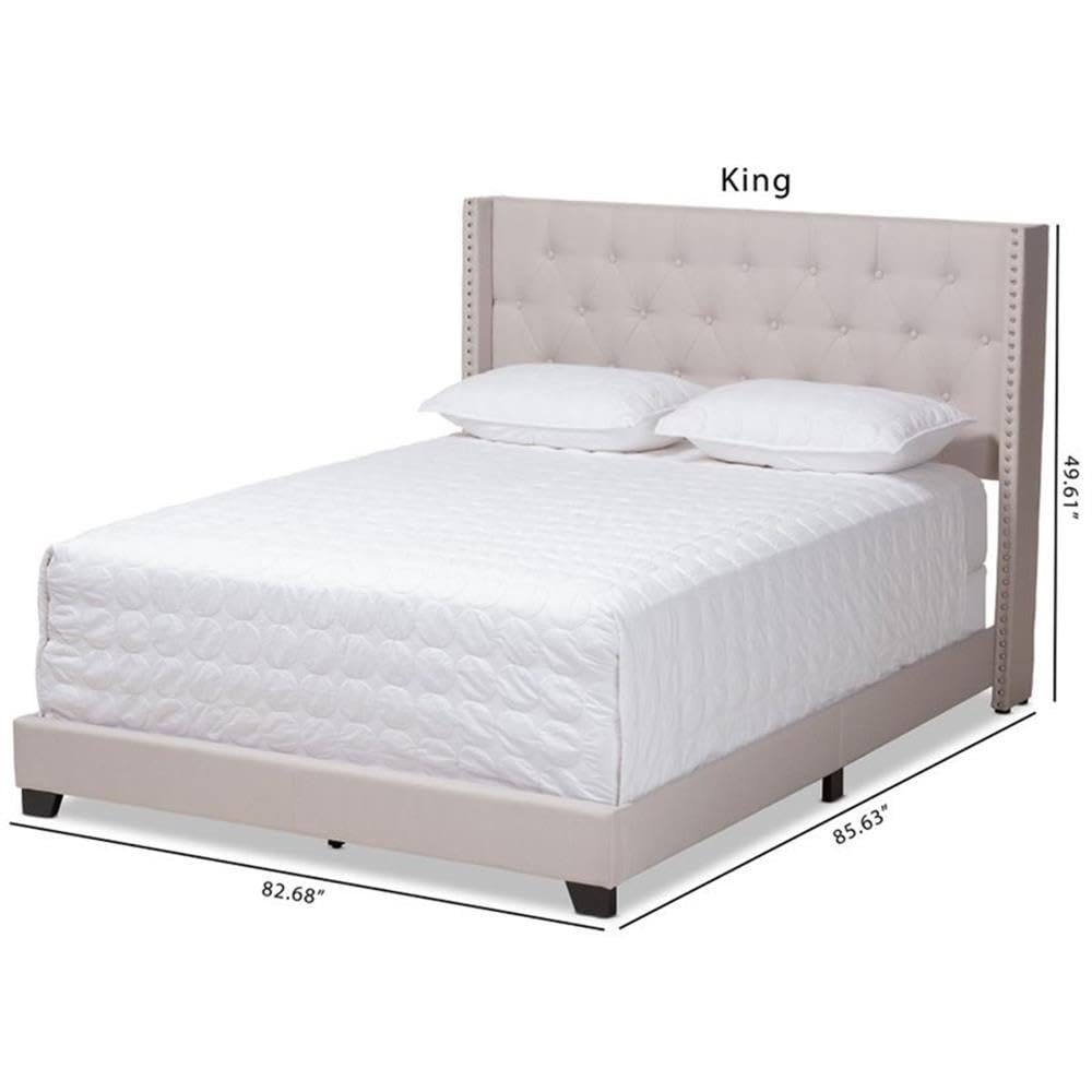 BOWERY HILL Modern Upholstered Fabric Tufted King Size Bed Frame in Beige - Luxury Bedroom Furniture for Master Suite & Guest Room