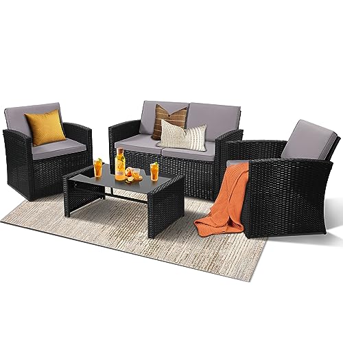 Black Rattan and Light Grey Cushion