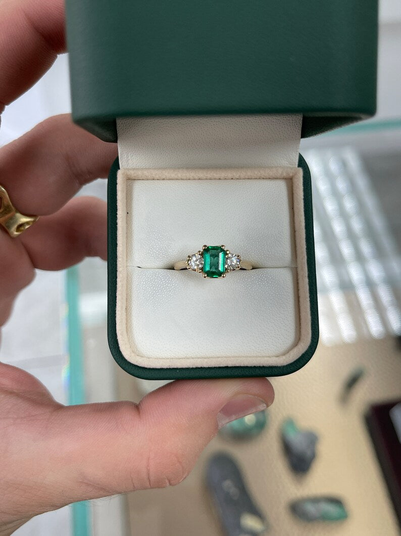 1.38tcw Dark Bluish Green Emerald & Brilliant Round Diamond 3 Stone Ring in 14K Gold - Elegant Jewelry for Weddings, Anniversaries & Special Occasions