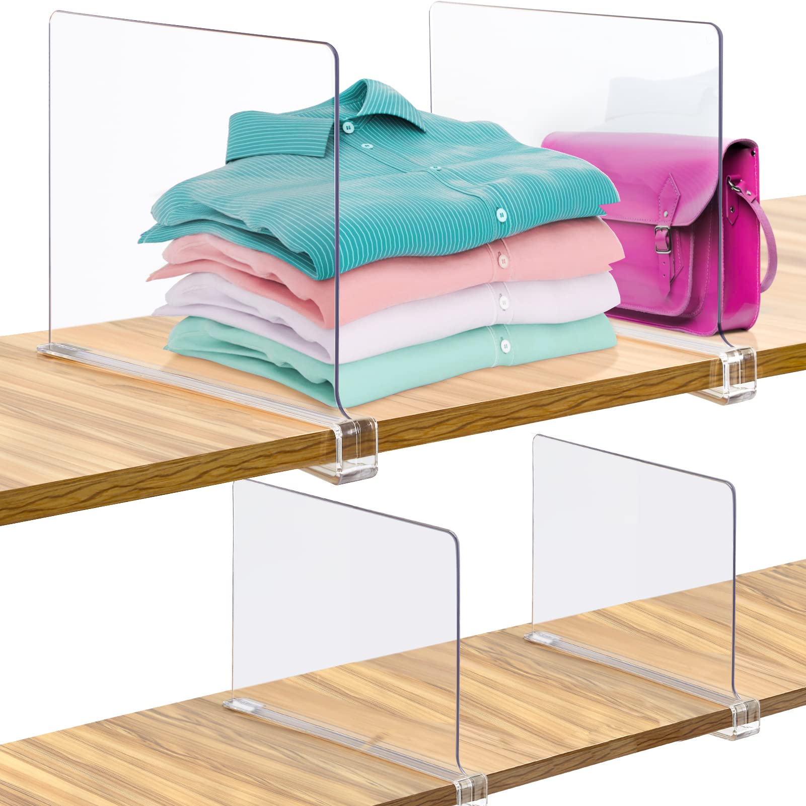 4 Pack Clear Acrylic Shelf Dividers for Closet Organization - Vertical Storage Organizer for Sweaters, Handbags & Purses - Perfect for Bedroom, Kitchen & Office Shelves