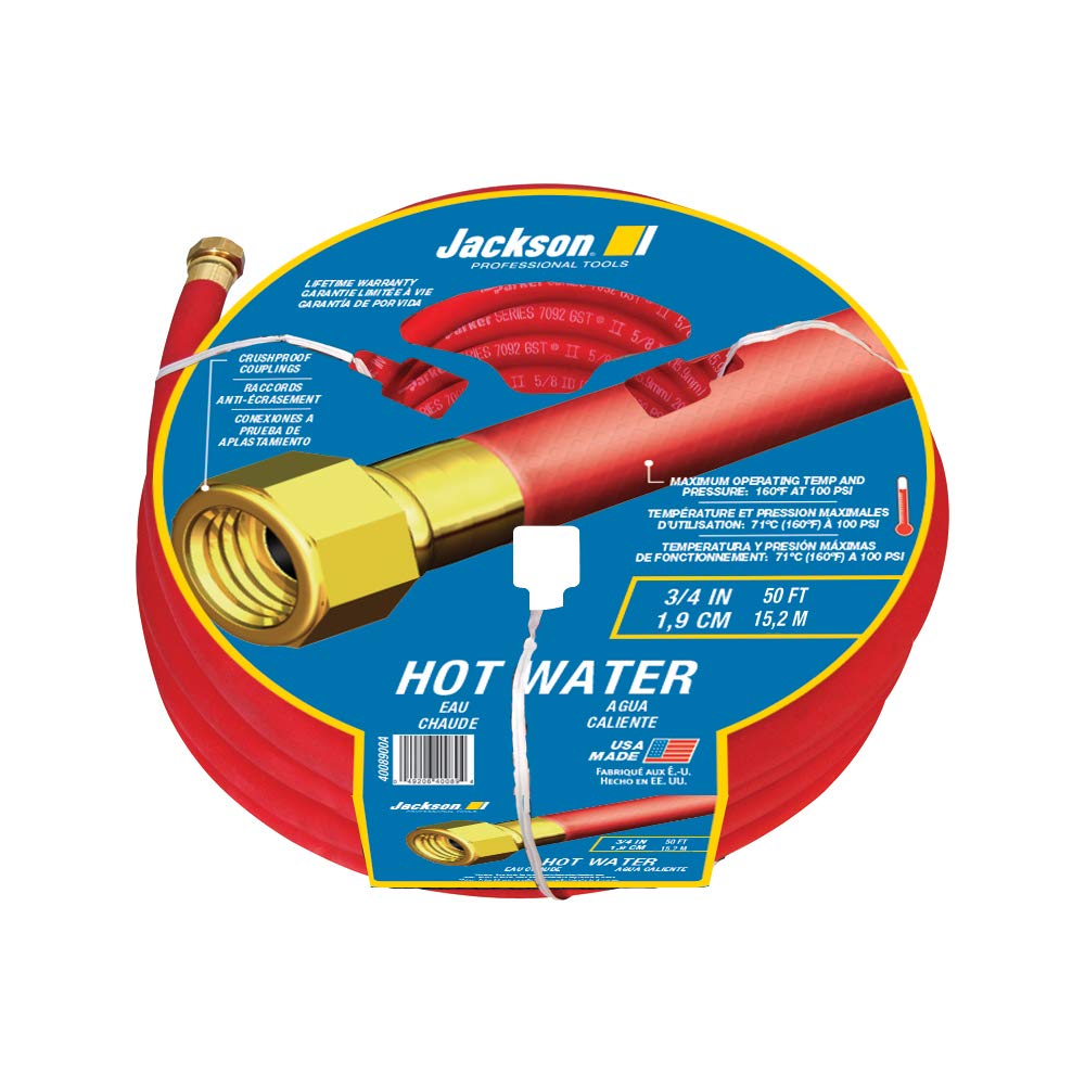 Jackson 4008900A Heavy Duty Rubber Hot Water Hose - 3/4-Inch x 50-Foot, Brass Fittings for High Temperature Applications - Perfect for Industrial, Commercial, and Home Use with Hot Water Tanks, Boilers, and Pressure Washers