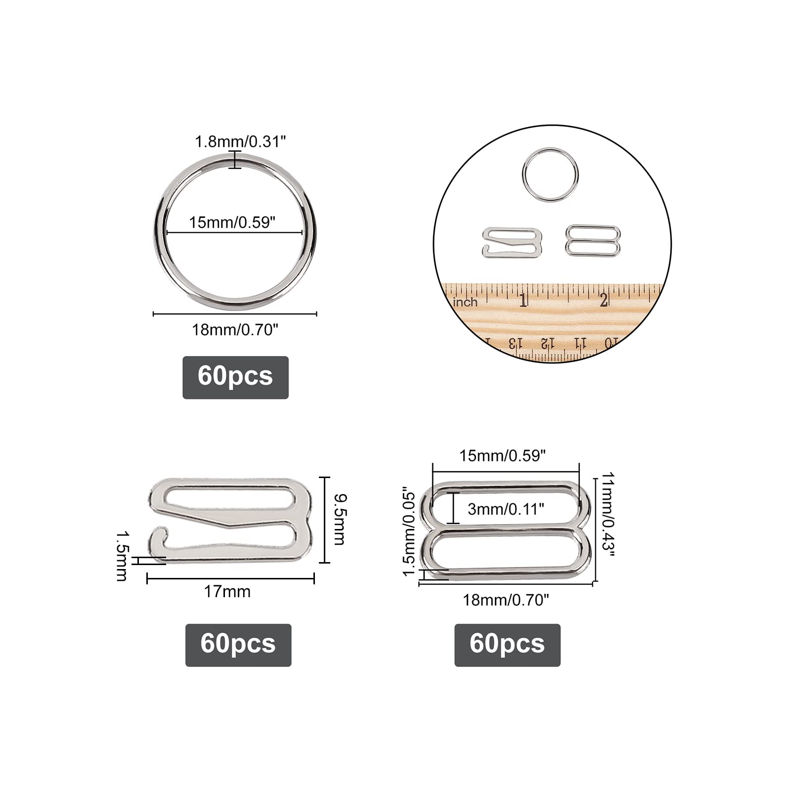 180 Pcs Bra Strap Hooks - 3 Styles Metal Adjustable Sliders & Clips for Bras, Nightgowns & Slip Dresses | Secure Comfort Fit for Everyday Wear & Special Occasions