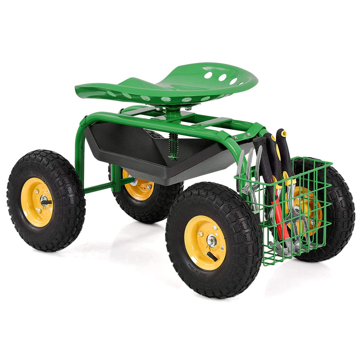 Heavy Duty Garden Cart with Adjustable Swivel Seat - Rolling Work Seat for Planting, Gardening, and Yard Work - Includes Tool Tray & Storage Basket - Perfect for Landscaping, Farm Work, and Outdoor Projects