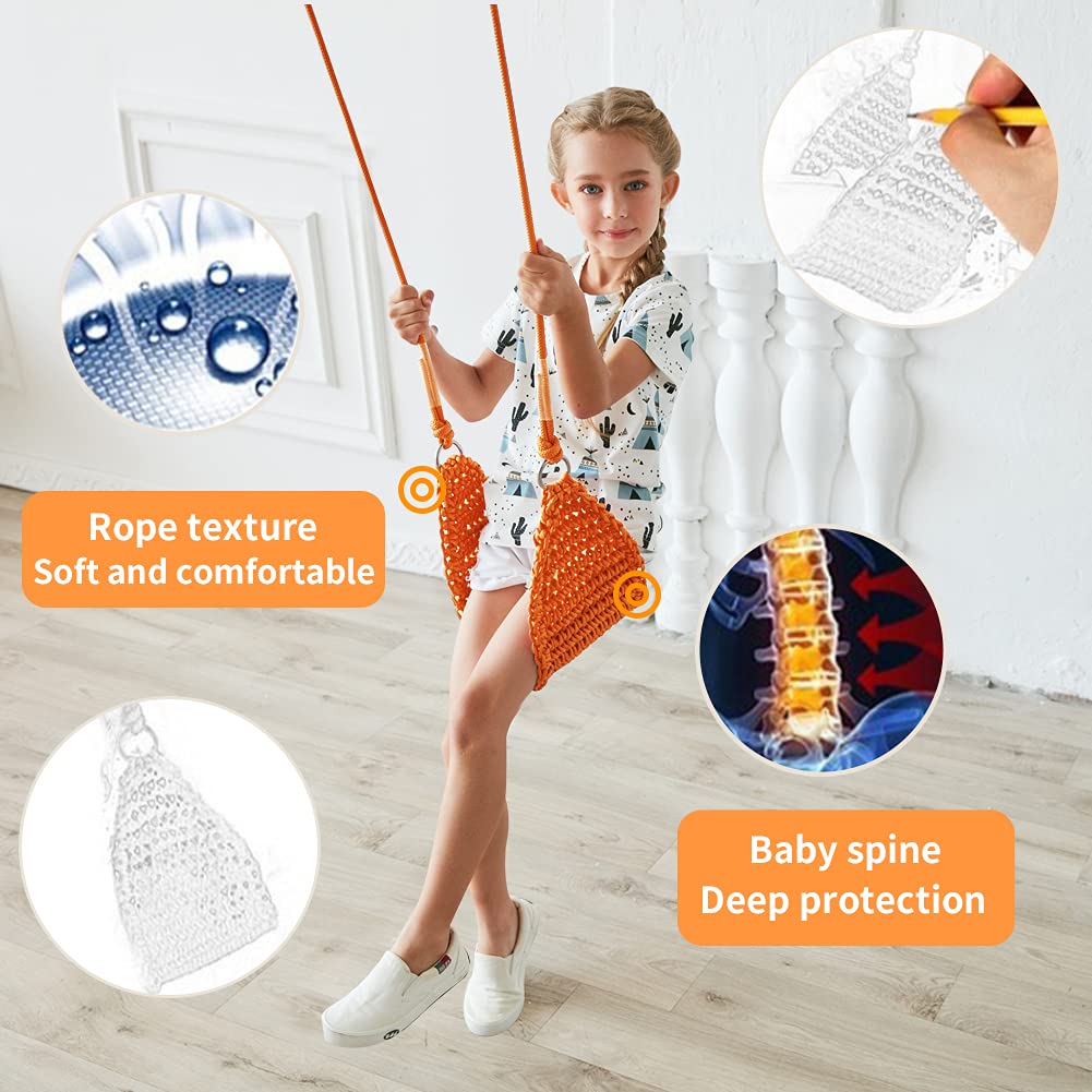 Kids Hand-Knitted Swing Seat - Indoor/Outdoor Portable Tree Swing with Adjustable Ropes, Hanging Strap & Snap Hook - Perfect for Camping, Hiking, Backyard Playset & Playroom - Easy Installation (Orange)