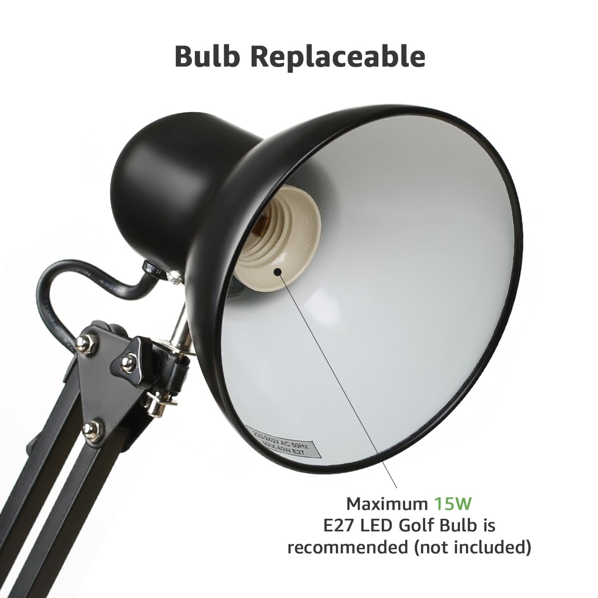 Lepro E27 Swing Arm Desk Lamp with Clamp - Adjustable Black Table Lamp for Study, Office & Bedroom - Flexible Reading Light with E27 Bulb Holder - Perfect for Nail Art, Back to School & Home Decor