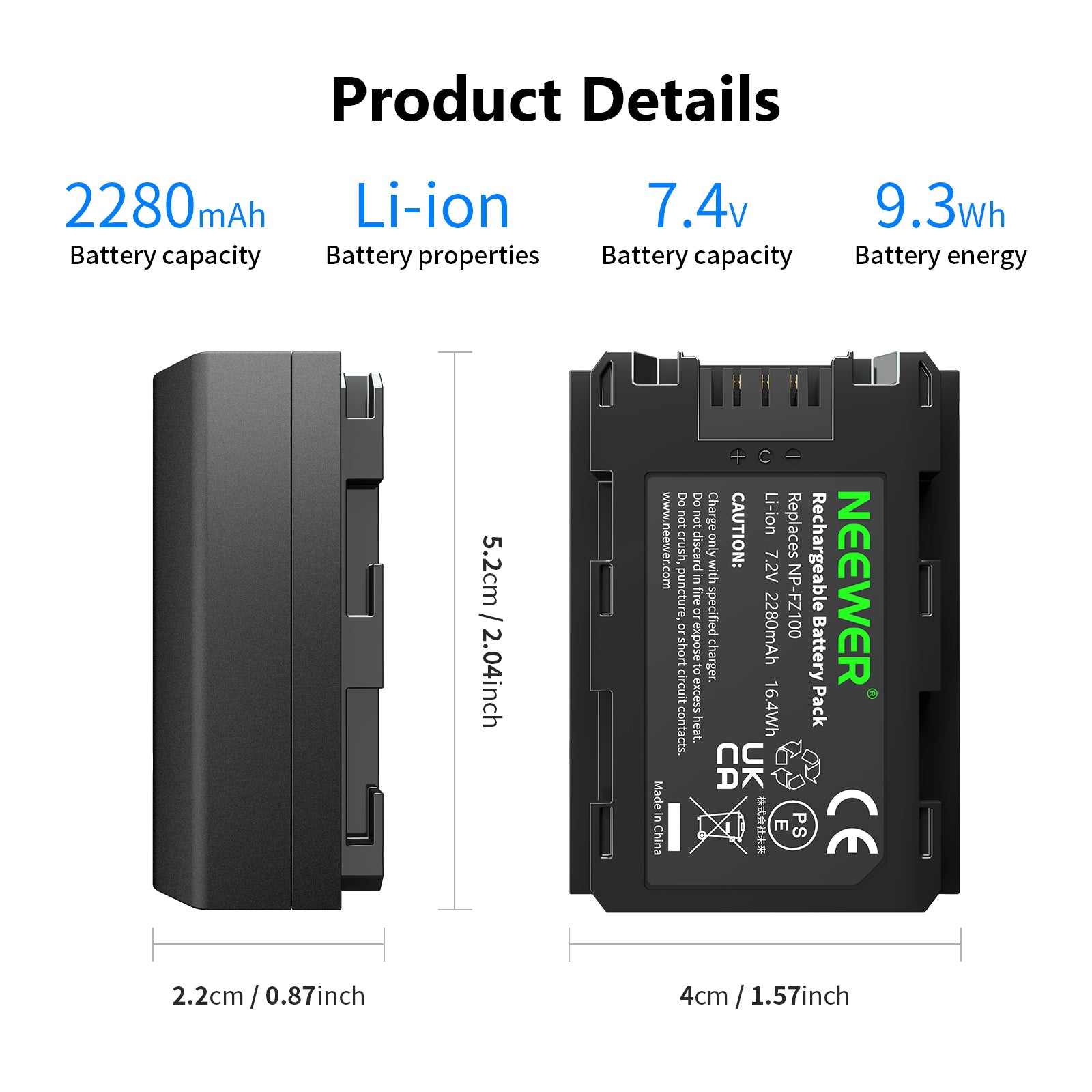 NEEWER NP-FZ100 Replacement Battery for Sony Camera - Compatible with Sony A7 III, A7R III, A9, A6400 & More - Perfect for Travel, Vlogging & Professional Photography