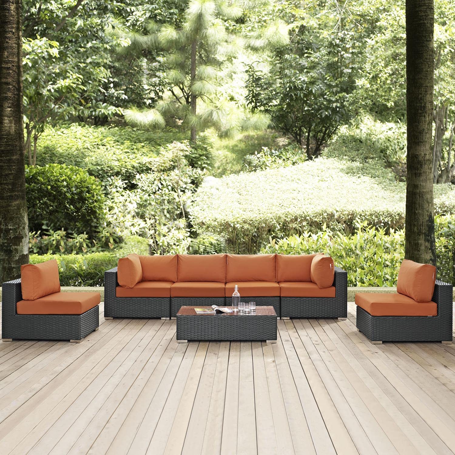 Modway Sojourn 7-Piece Outdoor Patio Sectional Set - Wicker Rattan Furniture with Sunbrella Canvas Cushions in Tuscan Brown - Perfect for Backyard, Poolside & Garden Relaxation