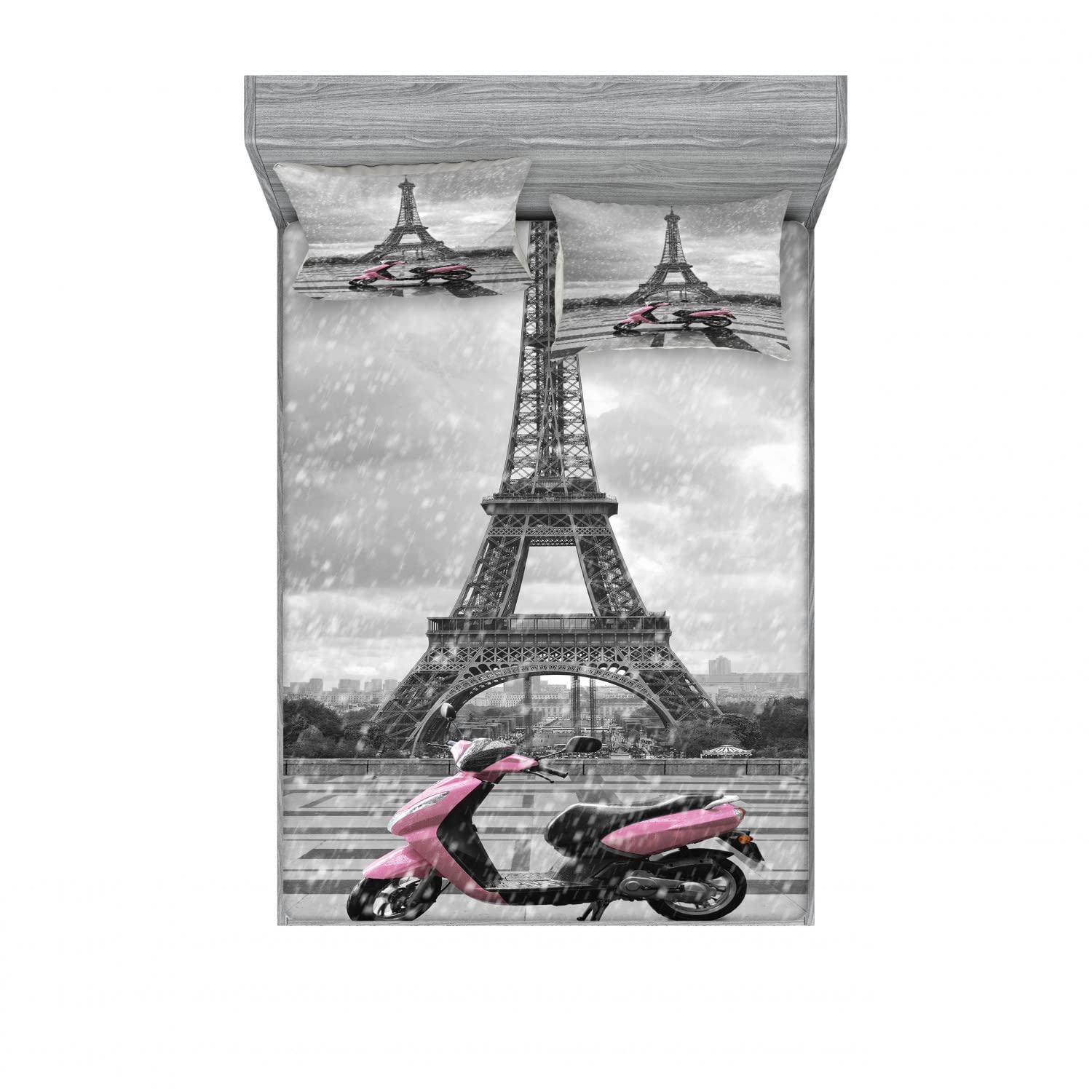 Ambesonne Paris Themed 2-Pack Fitted Sheet & Pillow Sham Set - Eiffel Tower & Moped Design, 4-Piece Bedding Collection (2 Twin XL Fitted Sheets + 4 Pillow Covers) in Grey & Pink | Perfect for Parisian-Themed Bedrooms, Dorm Decor, or Gift Ideas