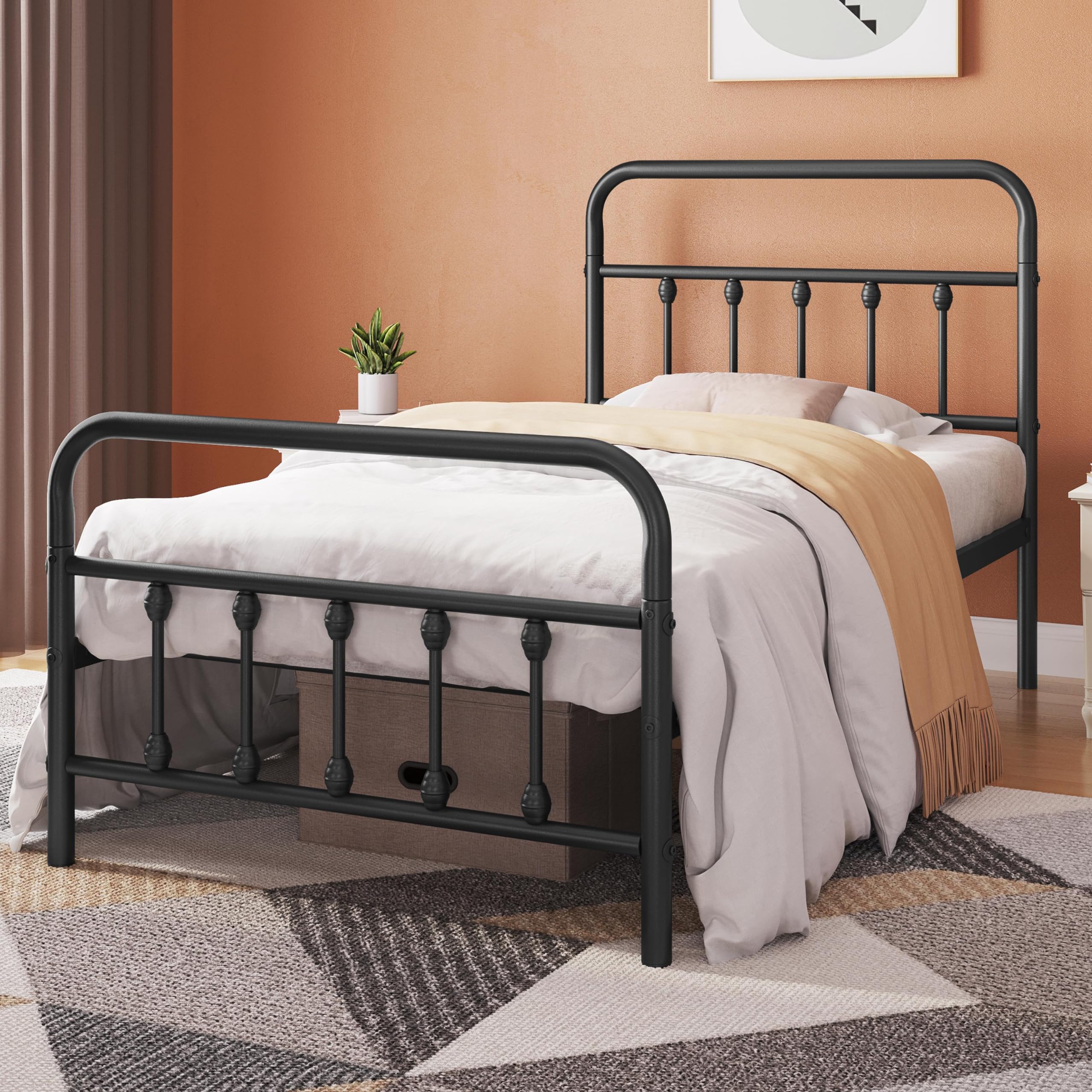 Topeakmart Twin Size Victorian Style Metal Bed Frame with Headboard - No Box Spring Needed, Sturdy Slat Support & Under Bed Storage - Perfect for Small Bedrooms, Guest Rooms & Dormitories (Black)