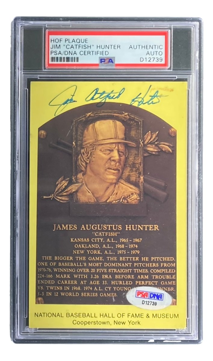 Authentic Jim Catfish Hunter Autographed 4x6 New York Yankees HOF Plaque Card with PSA/DNA Certification D12739 - Perfect for Baseball Memorabilia Collectors and Yankees Fans Display