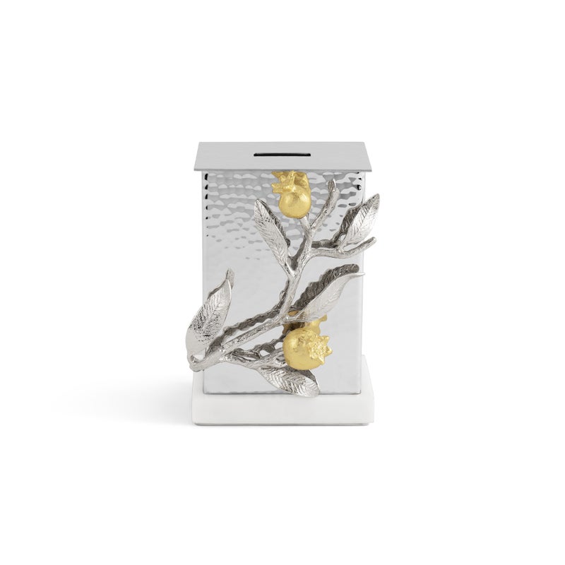Pomegranate Silver & Gold Tzedakah Box - Elegant Jewish Charity Donation Box for Home, Synagogue & Gift Giving | Traditional Judaica Collectible for Hanukkah, Passover & Special Occasions