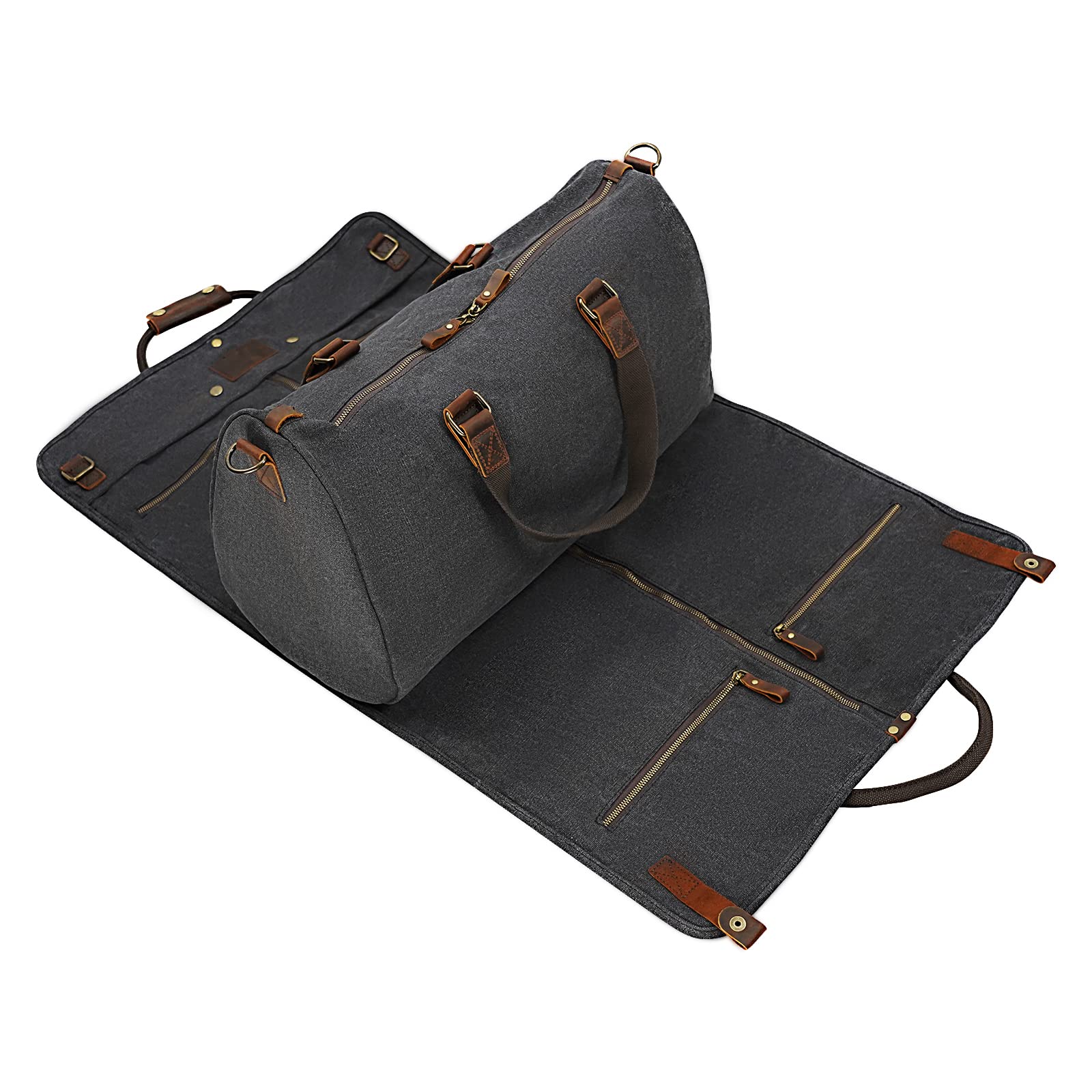 2 in 1 Canvas Leather Suit Luggage Garment Bag with Adjustable Shoulder Strap - Durable Travel & Business Carry-On for Men & Women (Black) - Perfect for Airplane, Office & Formal Events