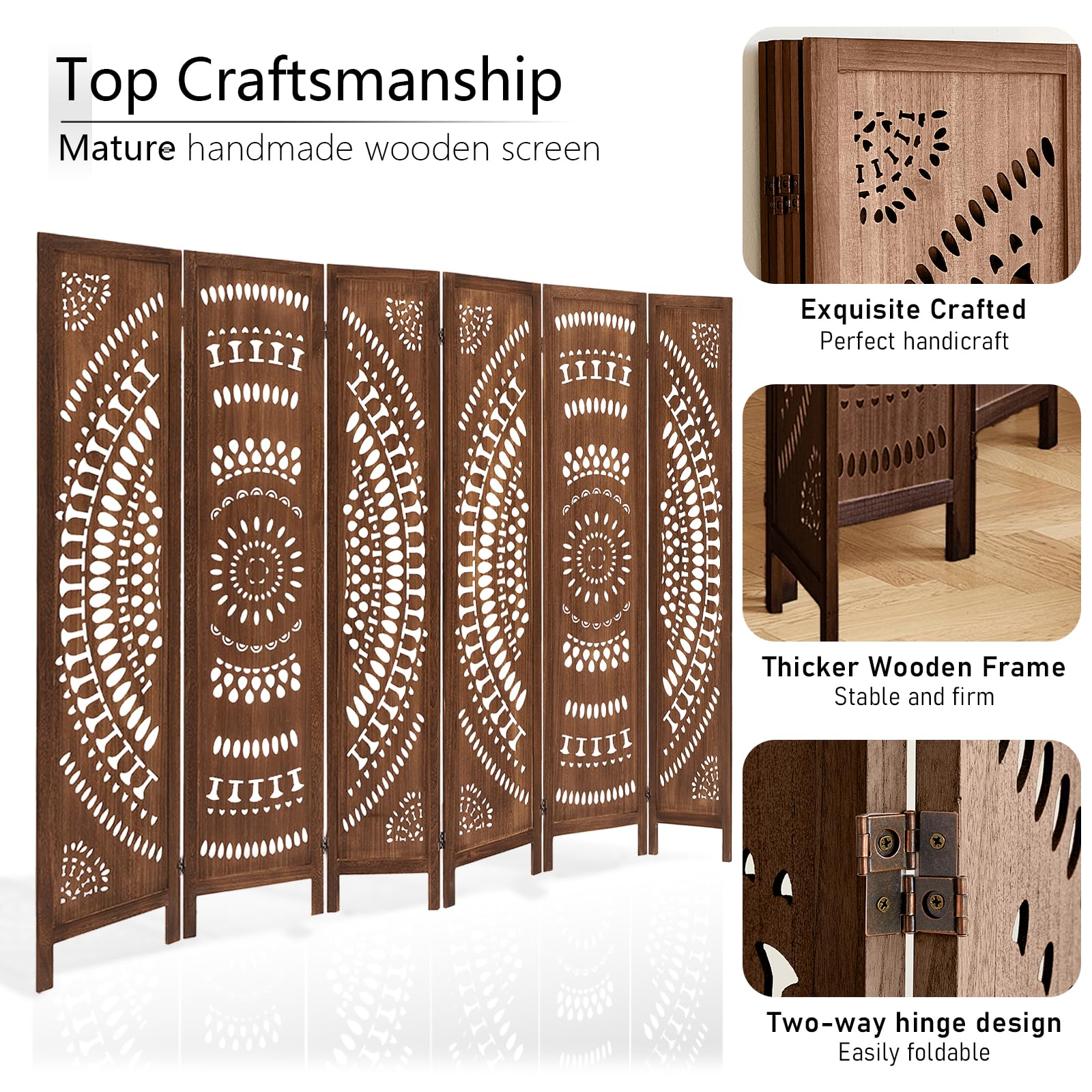 5.6 FT Wooden Room Divider Screen - 6 Panel Freestanding Partition for Home, Bedroom, Office & Restaurant - Rustic Brown Portable Wall Divider - Perfect for Privacy, Space Separation & Decoration
