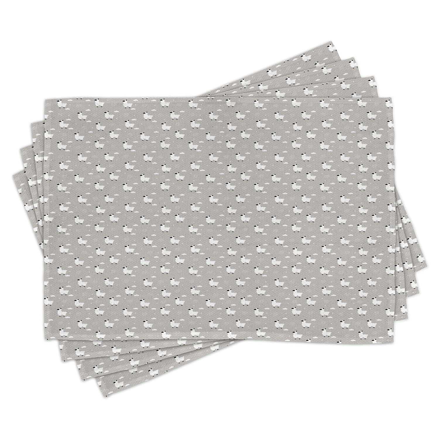 Ambesonne 4-Pack Sheep Placemats - Scandinavian Style Animal Print with Clouds & Polka Dots, Washable Fabric Dining Table Mats in Muted Grey-White Tones | Perfect for Farmhouse, Boho & Modern Home Decor
