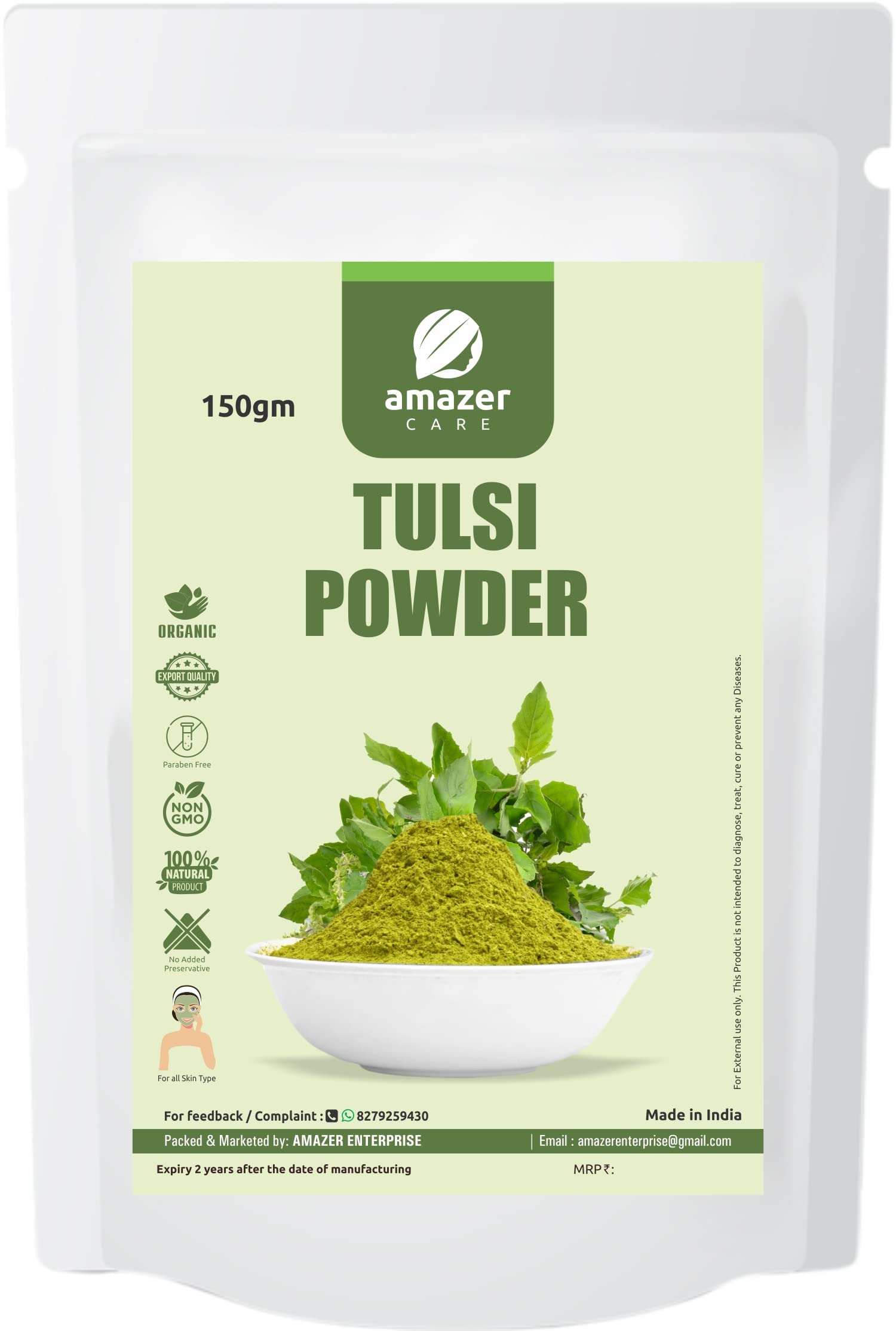 AmazerCare Natural Hair & Skin Care Powder with Tulsi Extract - 150gm for Healthy Hair Growth & Glowing Skin - Perfect for Daily Ayurvedic Beauty Routine