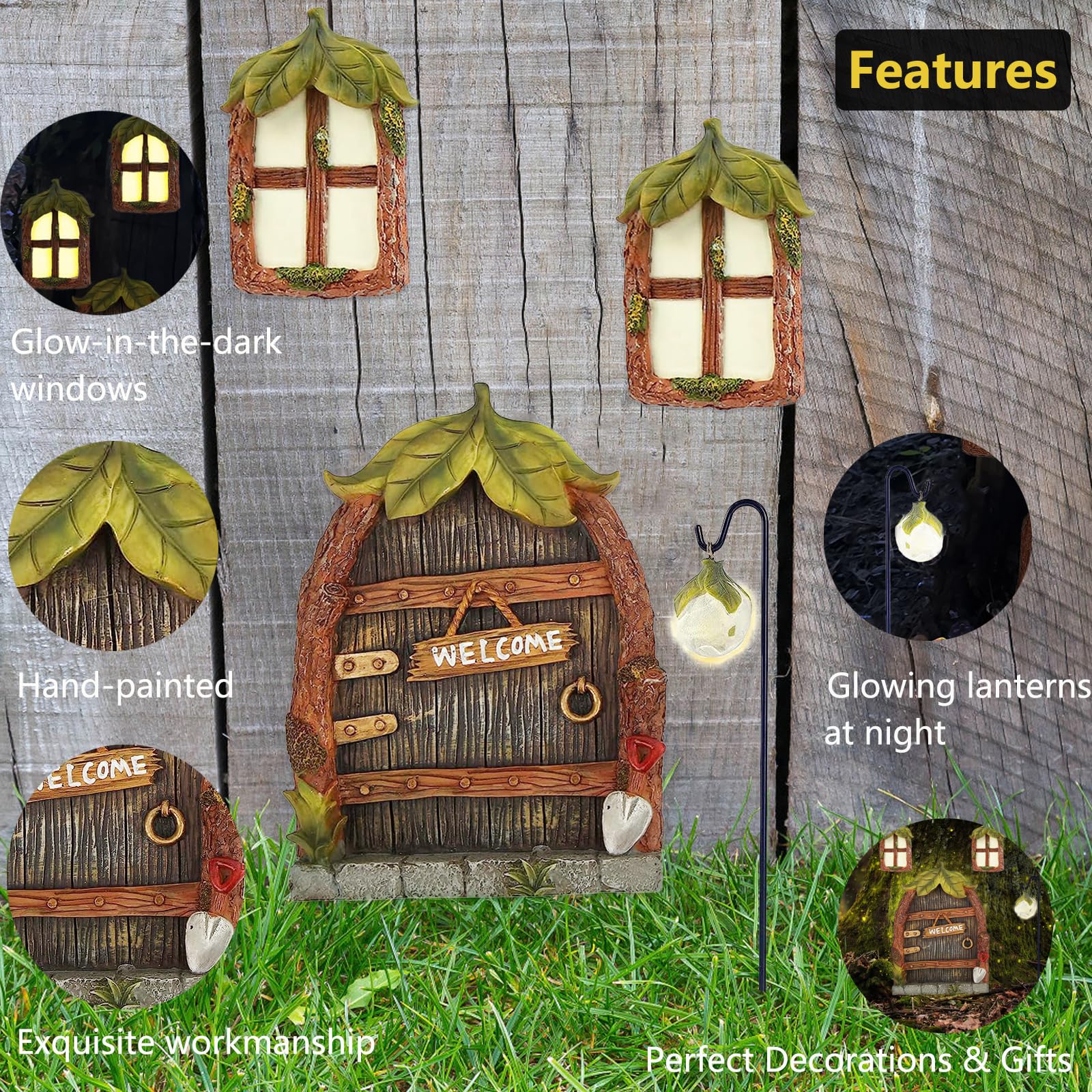 Glow in The Dark Fairy Garden Accessories - Miniature Fairy Doors & Windows for Trees, Outdoor Lawn Ornaments & Yard Decor with Lantern | Perfect for DIY Fairy Gardens, Backyard Landscaping & Magical Nighttime Displays