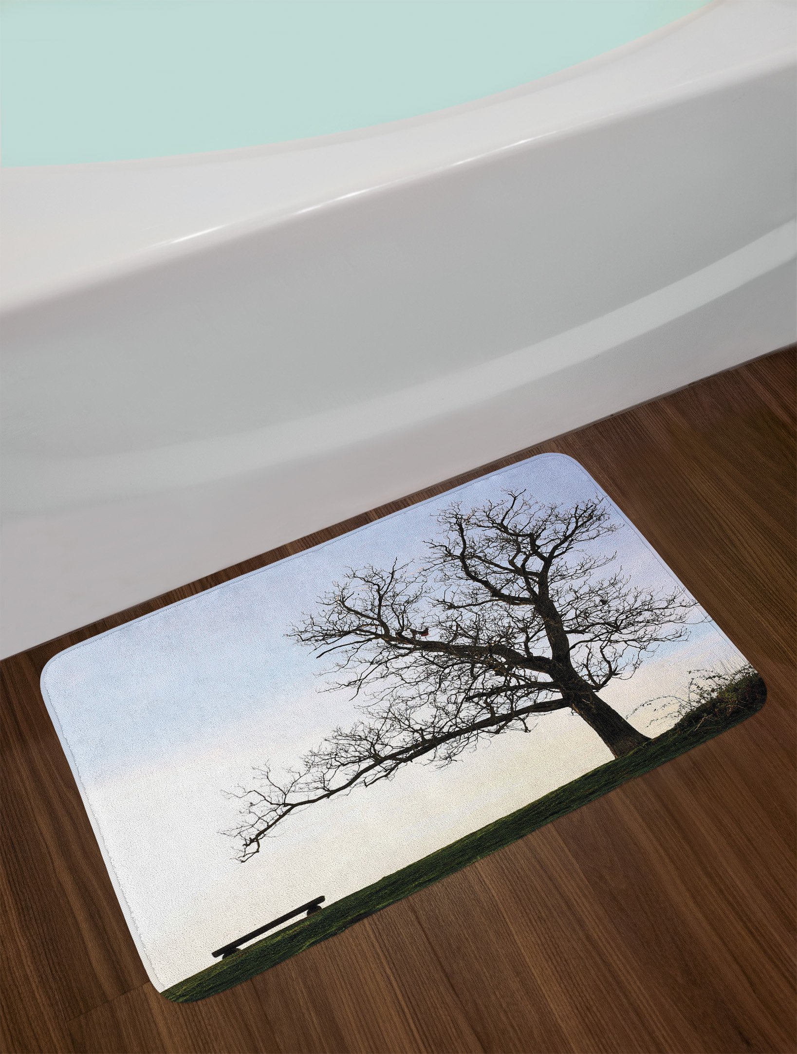 Ambesonne Plush Non-Slip Bath Mat - Winter Tree & Bench Silhouette Landscape Design, 30.2 x 20 Inches, Blue Brown - Cozy Bathroom Decor for Modern Homes & Spa Retreats