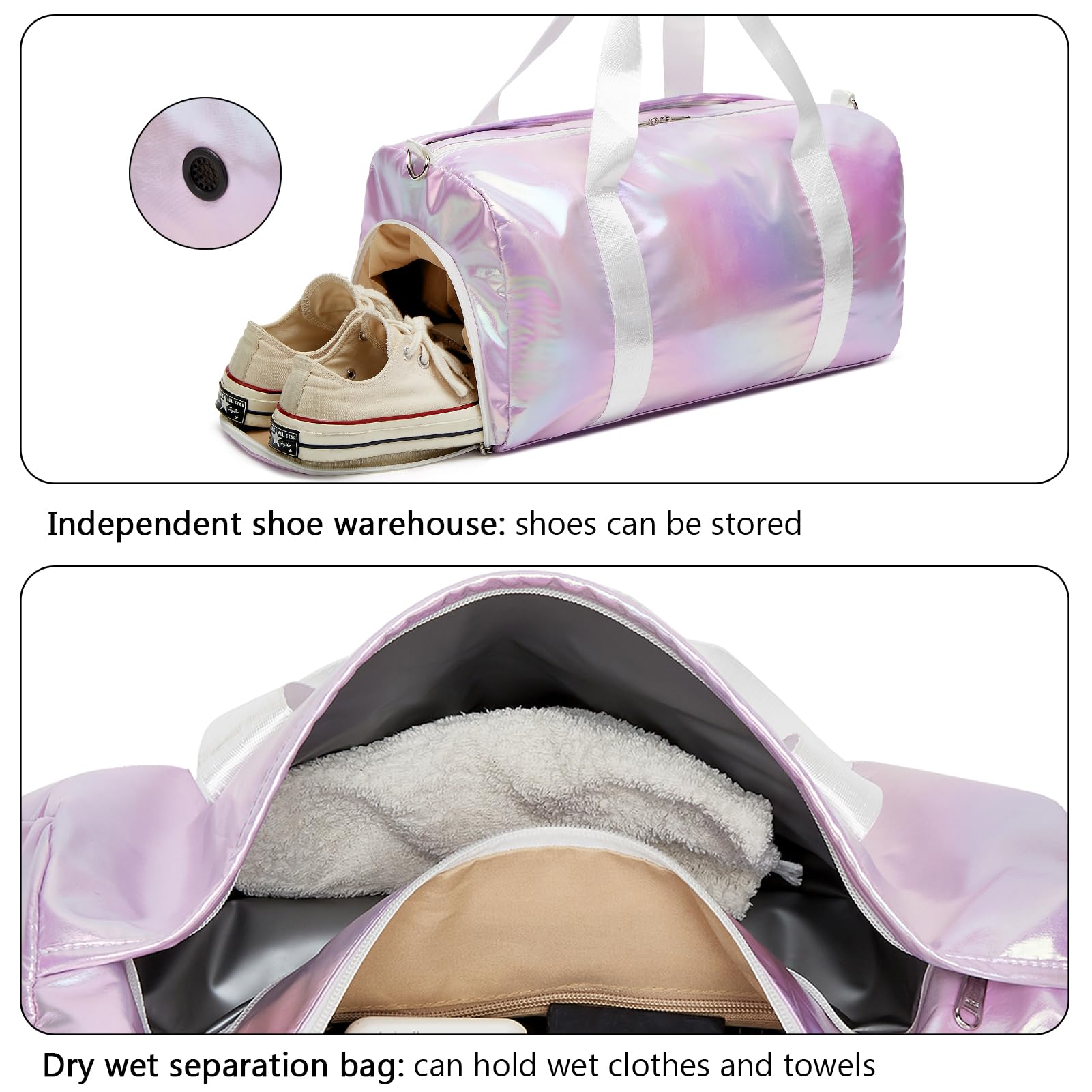 ZHIERNA Women's Shimmery Waterproof Gym Dance Duffle Bag with Shoes Compartment & Wet Dry Pocket - Purple Nylon Travel Duffel for Sports, Yoga, Workout & Weekend Getaways