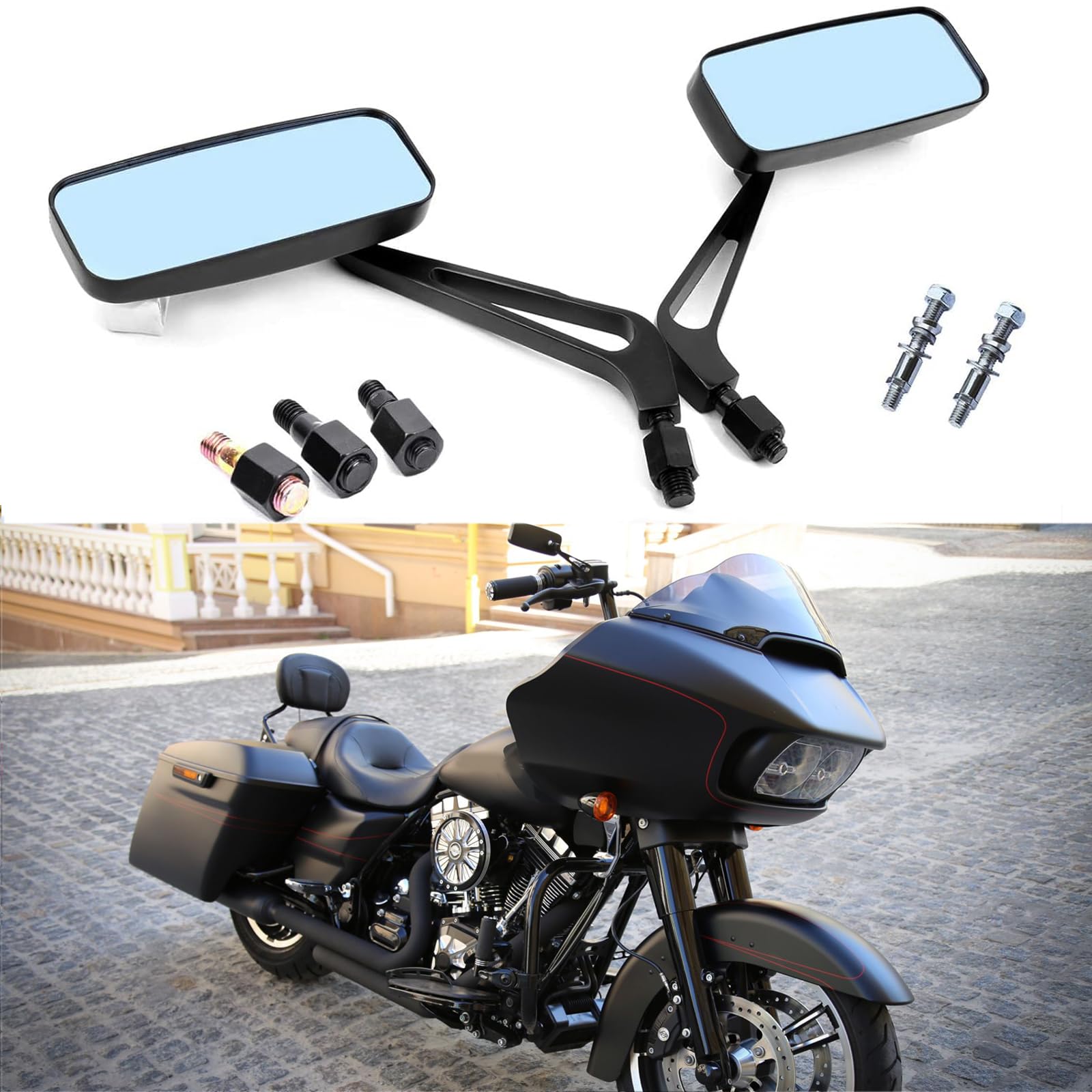 8mm/10mm Black Motorcycle Handlebar Mirrors for Harley Softail Sportster - Durable Rectangle Rearview Mirrors for Chopper & Bobber Bikes - Enhance Safety & Style on Cruiser Rides