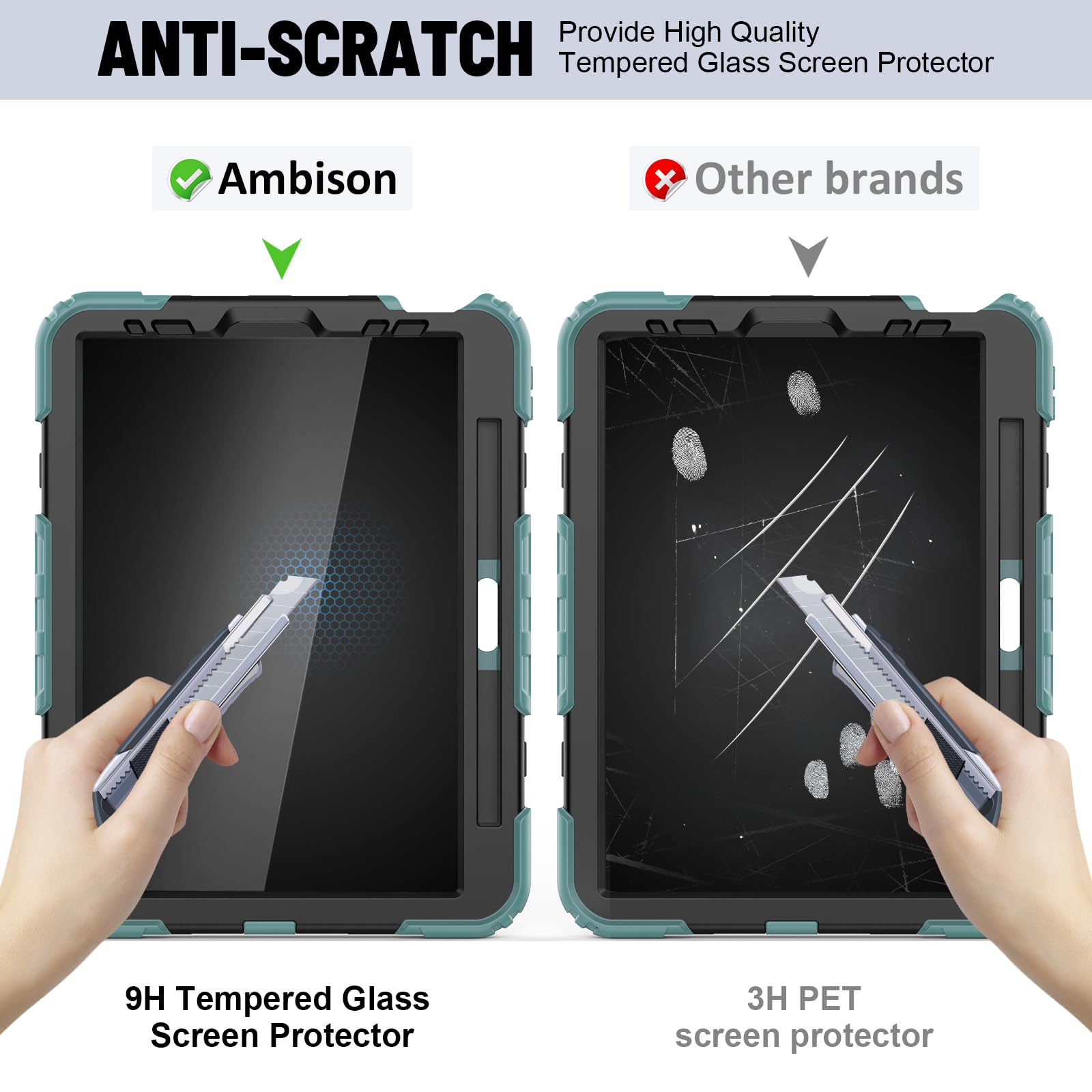 Premium Shockproof iPad Air 5th/4th Gen (2022/2020) & iPad Pro 11 Case - 360° Full Body Protection with 9H Tempered Glass Screen Protector, Rotating Kickstand & Hand Strap (Teal/Black) - Perfect for Work, Travel & Outdoor Activities