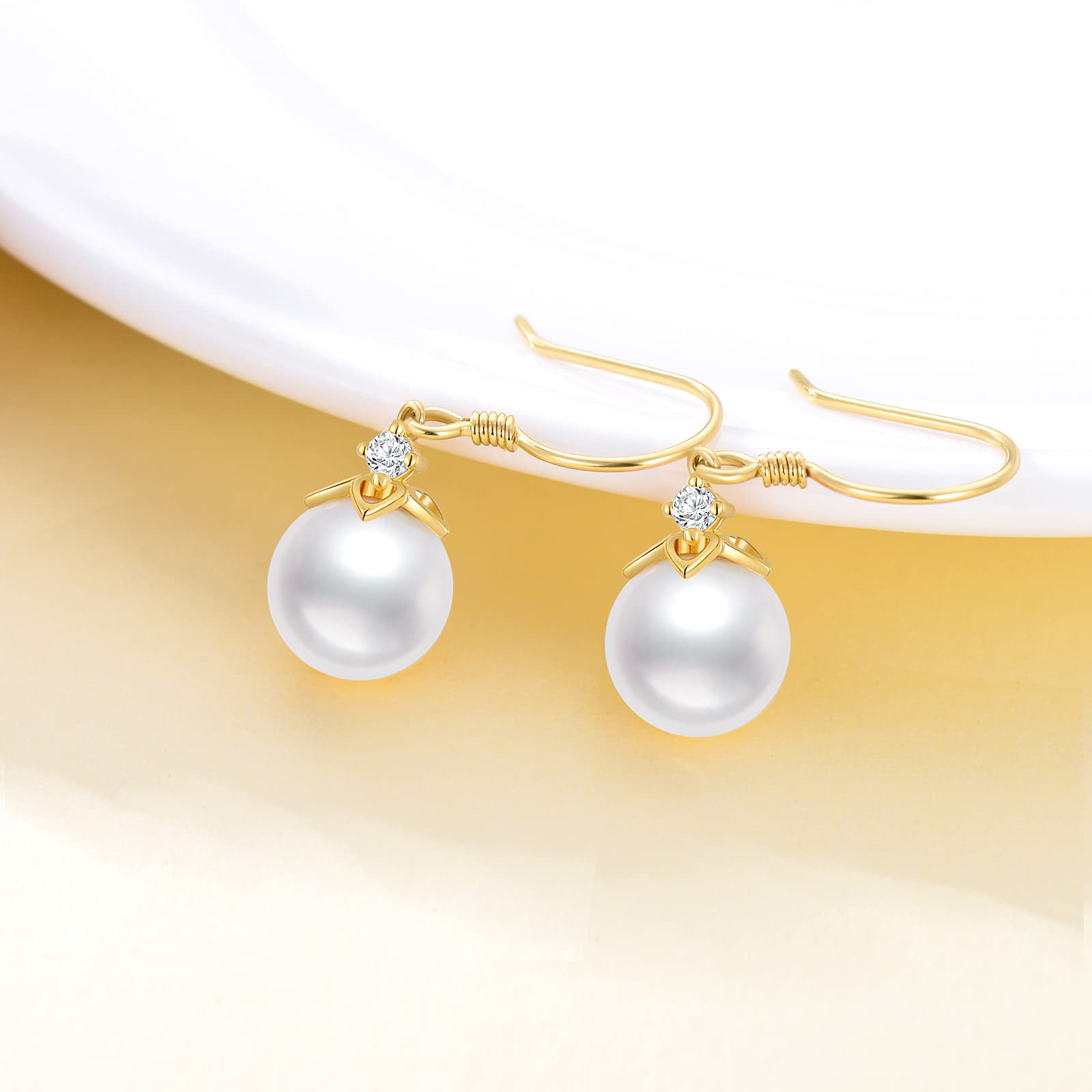 14K Solid Gold Freshwater Pearl Drop Earrings for Women - 8mm Handpicked Cultured Pearl Dangling Heart Earrings - Elegant Jewelry Gift for Her, Wife, Mom - Perfect for Weddings, Anniversaries & Special Occasions