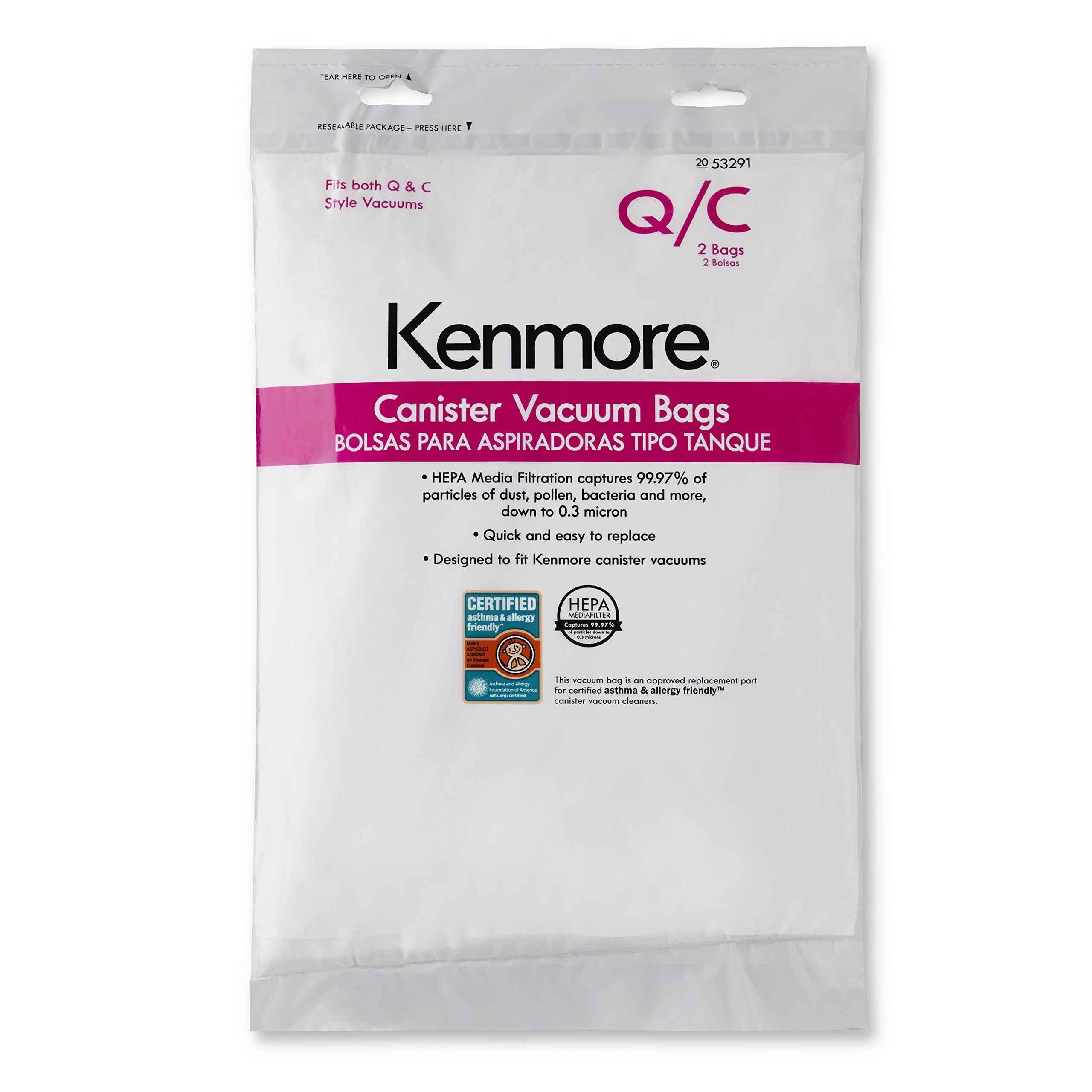 Kenmore 53291 Style Q HEPA Vacuum Bags 2-Pack - Compatible with Kenmore Canister Vacuums, White | Dust & Allergen Filter Replacement for Pet Hair, Pollen & Household Cleaning