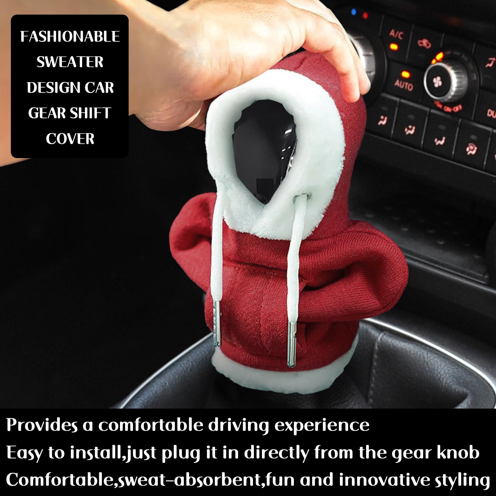 VVAG Gear Shift Hoodie - Universal Fit Car Shift Knob Cover, Christmas Car Accessories & Decorations (Christmas Red) - Perfect for Holiday Gifts, Car Enthusiasts & Festive Vehicle Styling