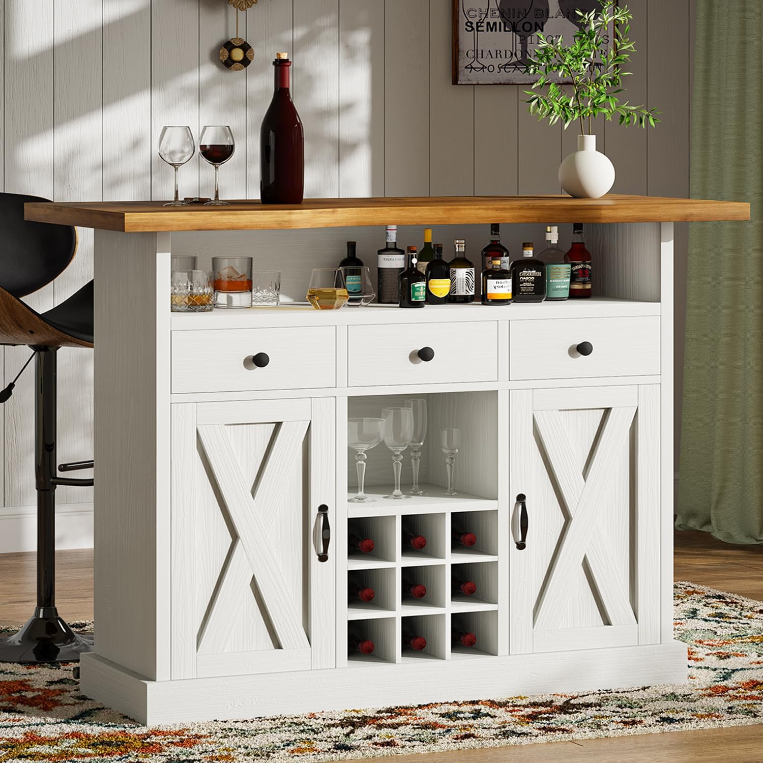 4ever2buy 52 Inch Farmhouse Home Bar Cabinet with Storage - 3 Drawers & 9 Wine Racks, White Barn Door Liquor Cabinet with Footrest | Rustic Bar Furniture for Dining Room, Basement or Man Cave