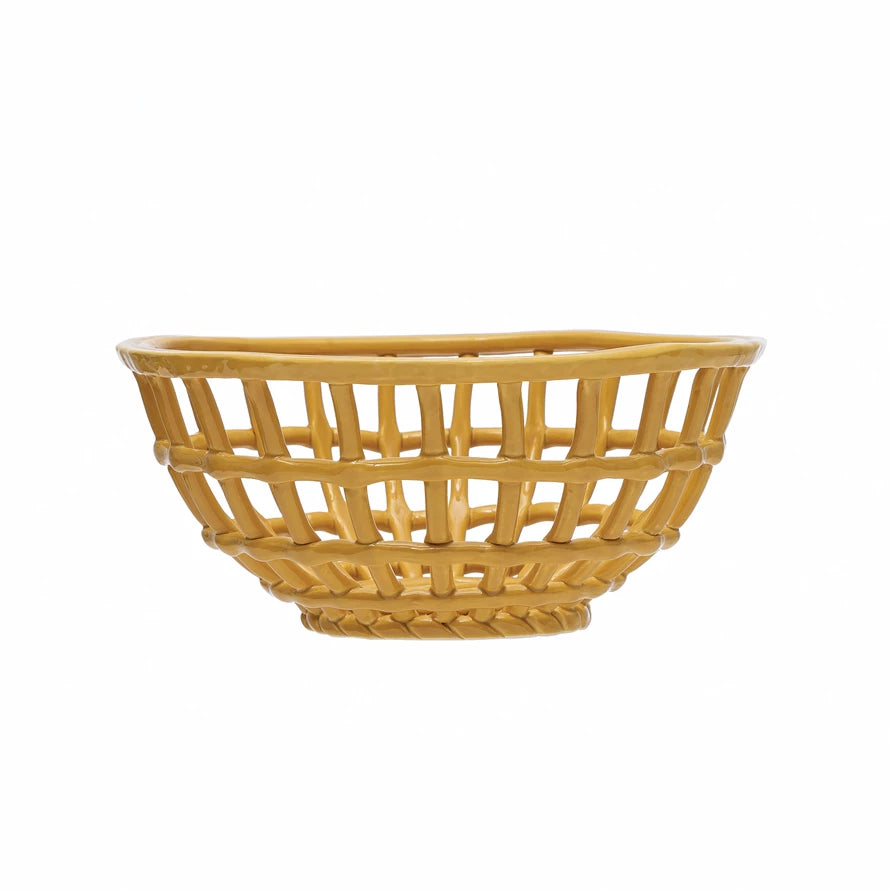 Mustard Stoneware Basket - Handmade Ceramic Storage Basket for Home Decor, Kitchen & Bathroom Organization | Perfect for Fruits, Bread, Towels & More