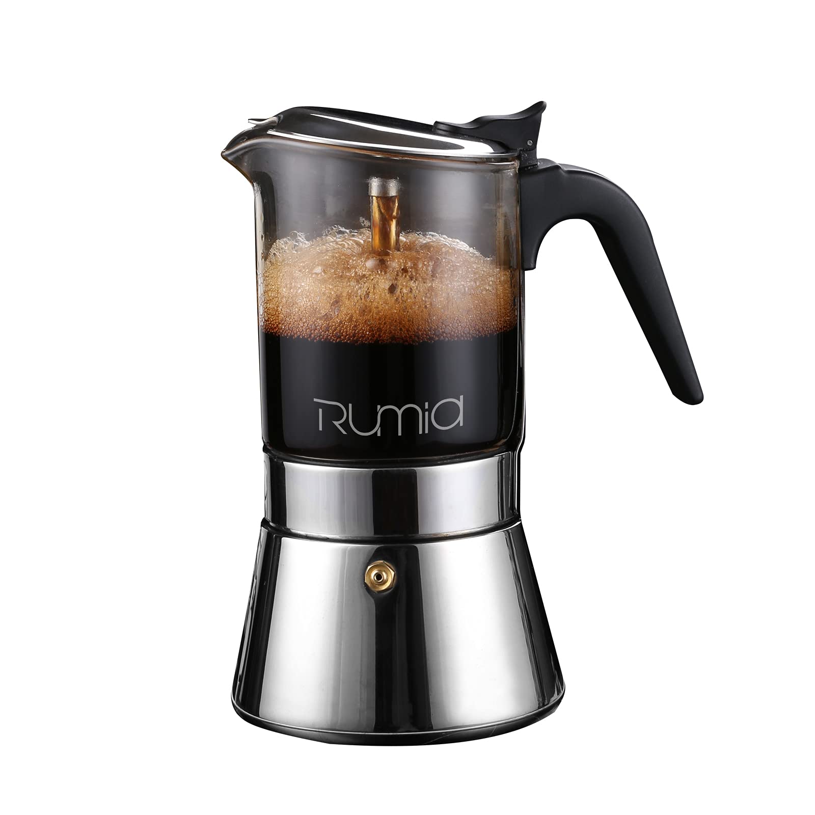 Rumia Stainless Steel & Glass Stovetop Moka Pot - Classic Italian Style Espresso Maker for Home & Office - Easy to Use & Clean 6 Cup Coffee Maker - Perfect for Camping, Gifts & Daily Brewing