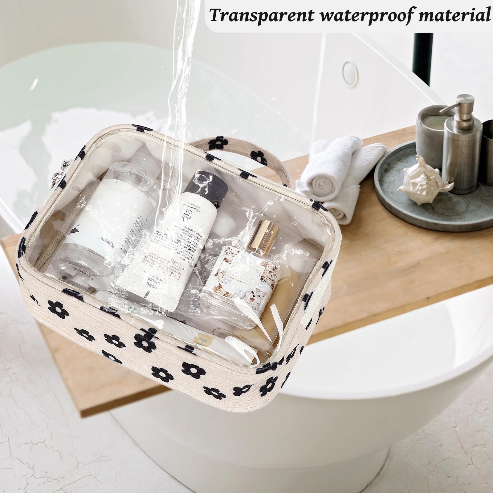 Bluboon 3-Piece Clear Makeup Toiletry Bag Set for Women - Waterproof Travel Cosmetic Organizer with Zipper - Perfect for Airplane Carry-On, Gym, and Vacation Essentials (Corduroy Floral Design)