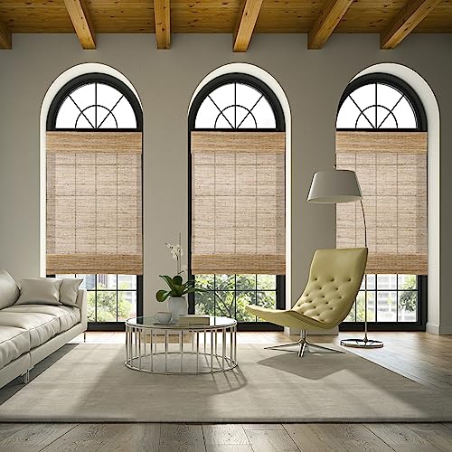 Blackout Bamboo Roman Shades | Cordless Woven Wood Window Blinds for Privacy | Extra Wide Custom Natural Shades | Perfect for Bedroom, Living Room & Dining Room | Bronze Finish | Light Blocking & Room Darkening Window Treatments