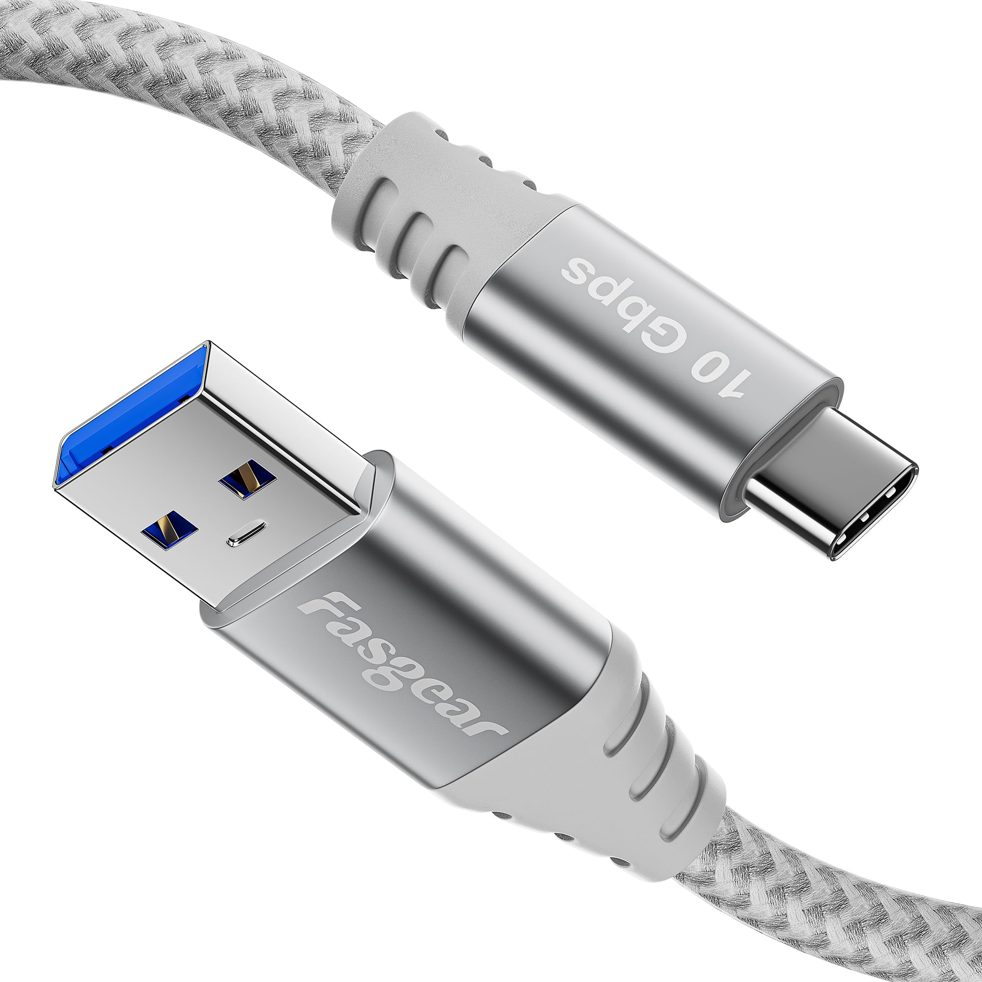 Fasgear 4.9ft USB C to USB A Cable 10Gbps Fast Charging & Data Sync - 3.2 Gen 2 Braided Nylon Cord for Samsung Galaxy S23/S22, PS5 Controller, Nintendo Switch, External SSD & More - Durable 3A Fast Charge Cable (1.5m, Grey) - Perfect for Gaming, Travel & Mobile Charging