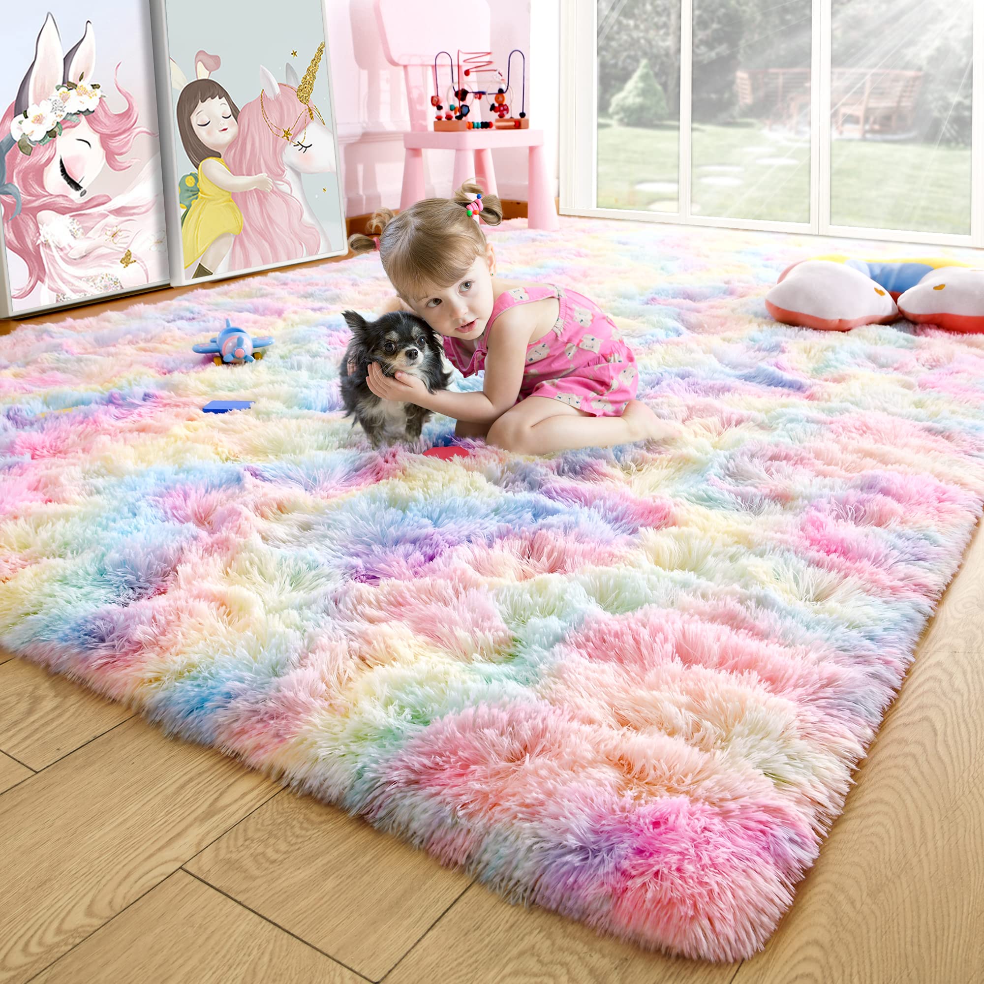 Noaha 6x9 Feet Fluffy Rainbow Shaggy Rug for Girls Bedroom, Large Soft Kids Room Carpet, Colorful Fuzzy Playmat for Nursery, Living Room Decor - Perfect for Playroom, Dorm, and Cozy Home Decor